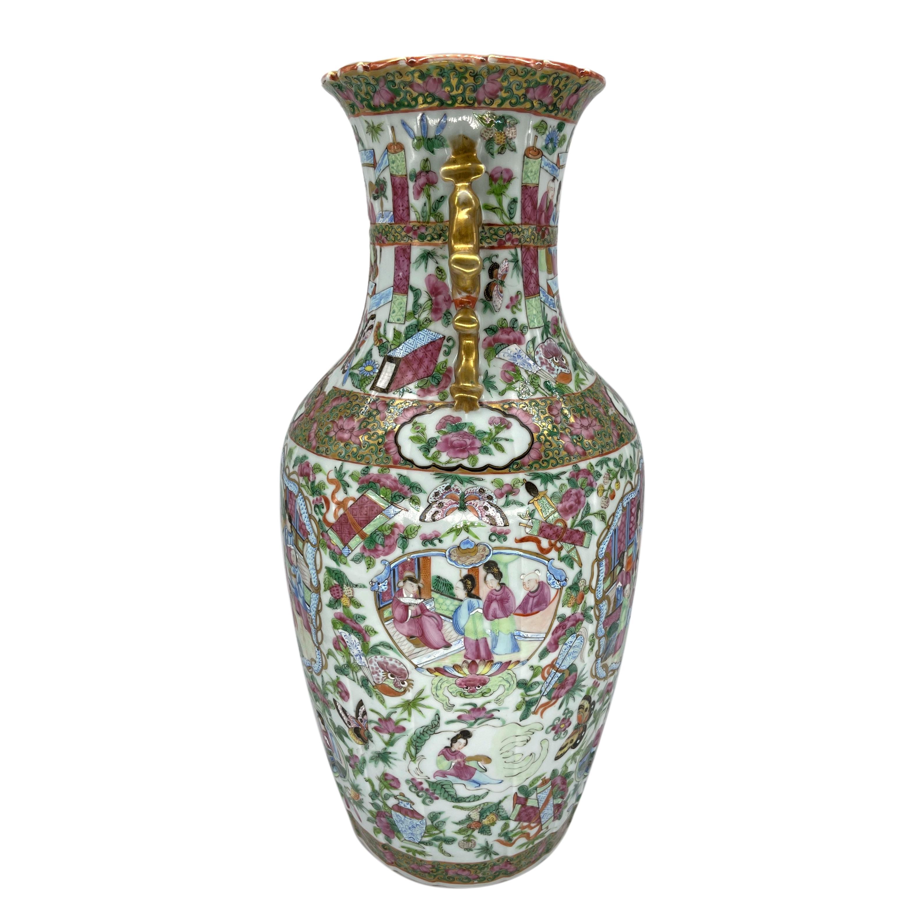 Canton Famille Rose Mandarin Vase, Fluted Body and Castellated Top, Ca. 1840 In Good Condition For Sale In Banner Elk, NC