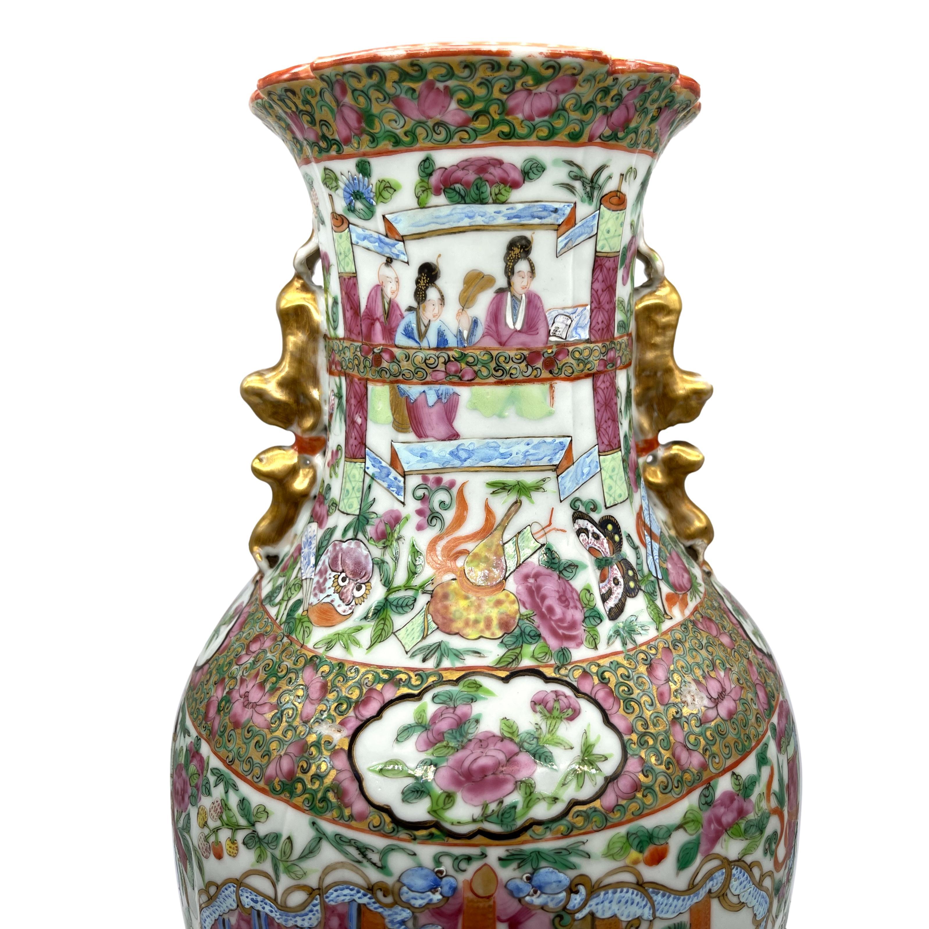 Canton Famille Rose Mandarin Vase, Fluted Body and Castellated Top, Ca. 1840 For Sale 1