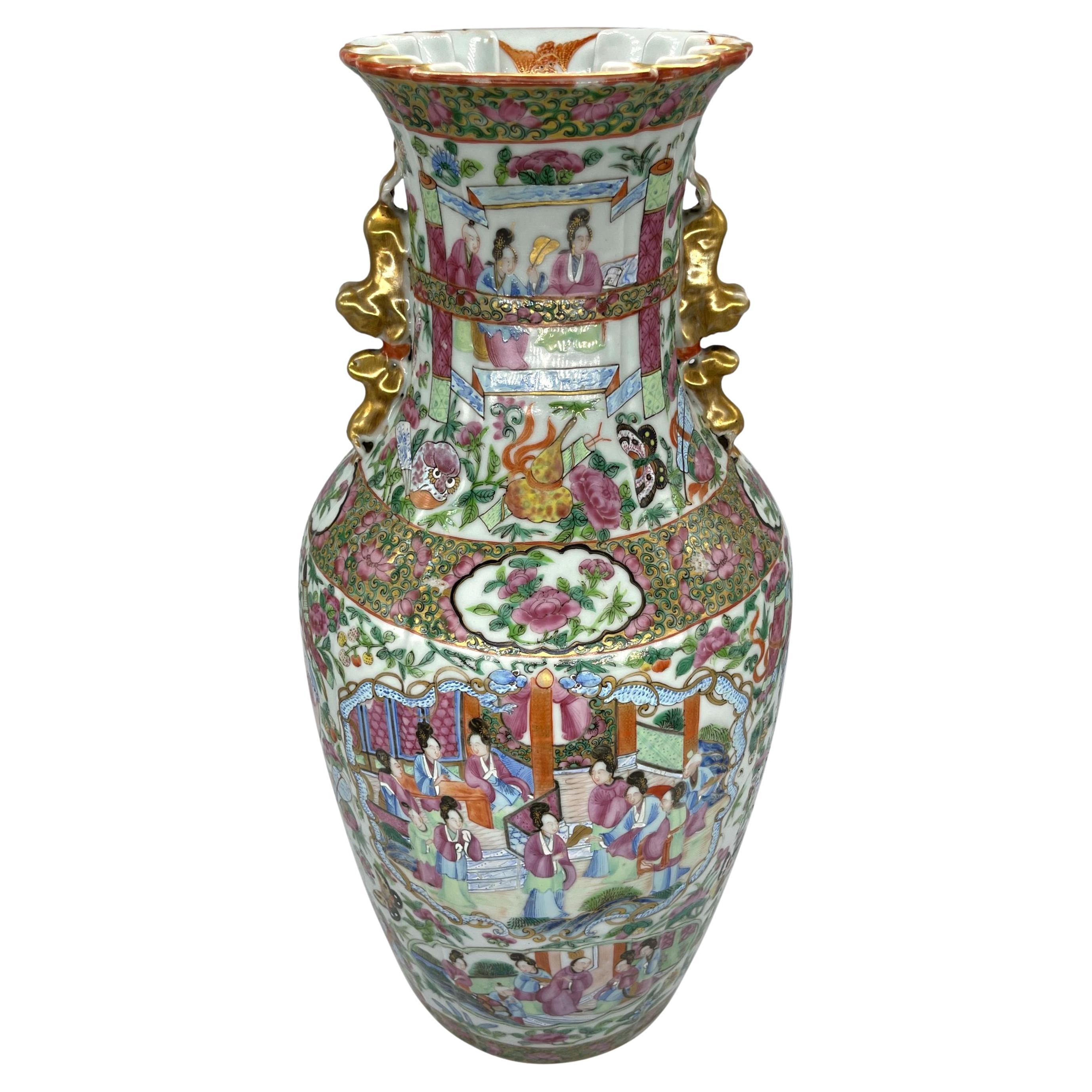 Canton Famille Rose Mandarin Vase, Fluted Body and Castellated Top, Ca. 1840 For Sale