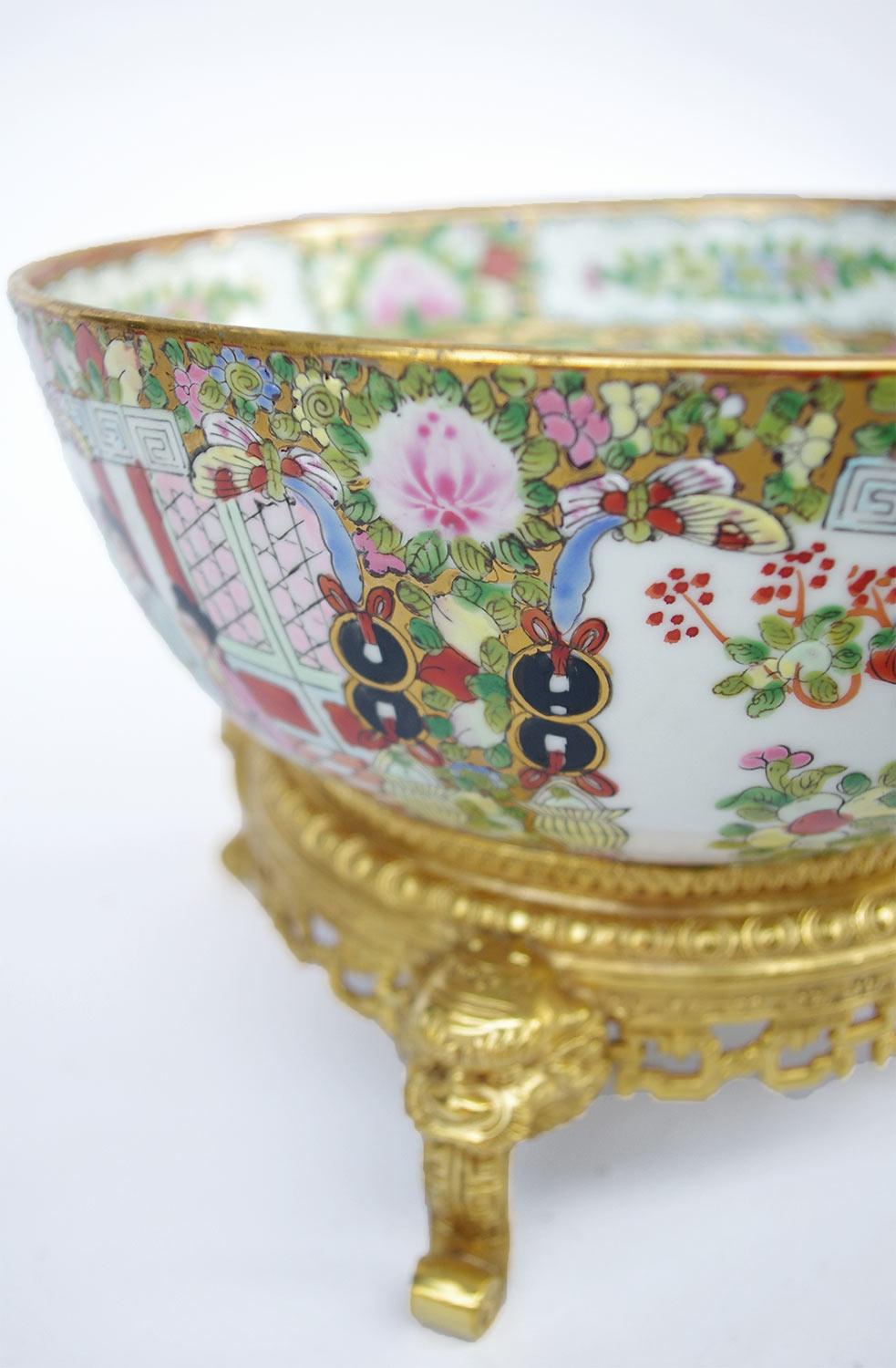 Chinese Export Canton Porcelain Punch Bowl Standing on Chiseled Gilt, circa 1880