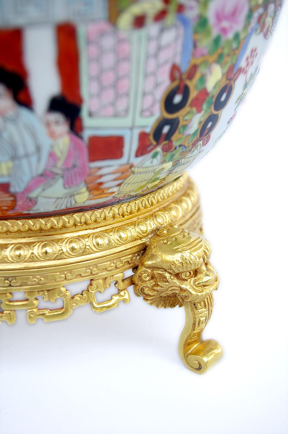 Chinese Canton Porcelain Punch Bowl Standing on Chiseled Gilt, circa 1880