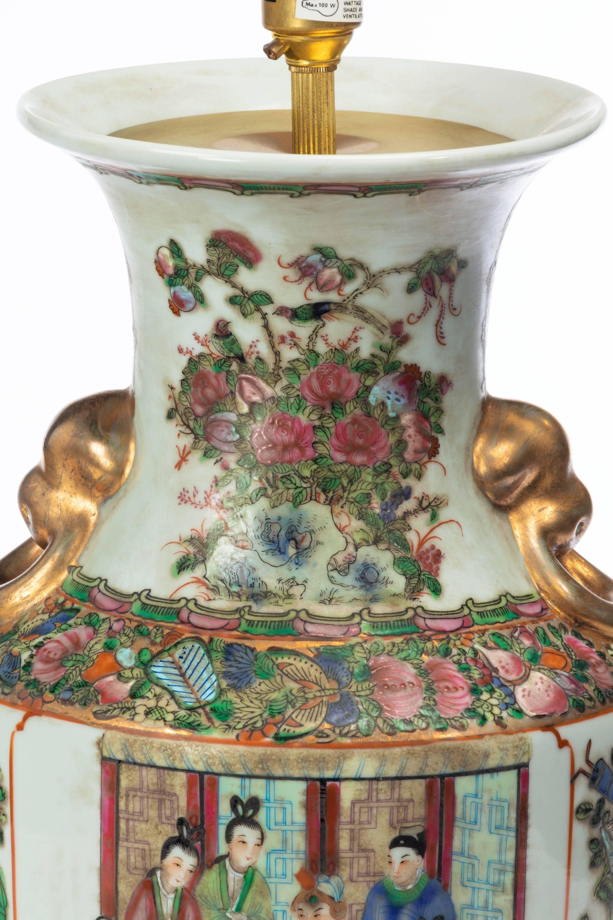A good 19th century Cantonese, porcelain lamp with court scenes and elaborate gilded and floral decoration. Now converted to a lamp, mid-19th century.

Canton porcelains are Chinese ceramic wares made for export in the 18th-20th centuries. The wares