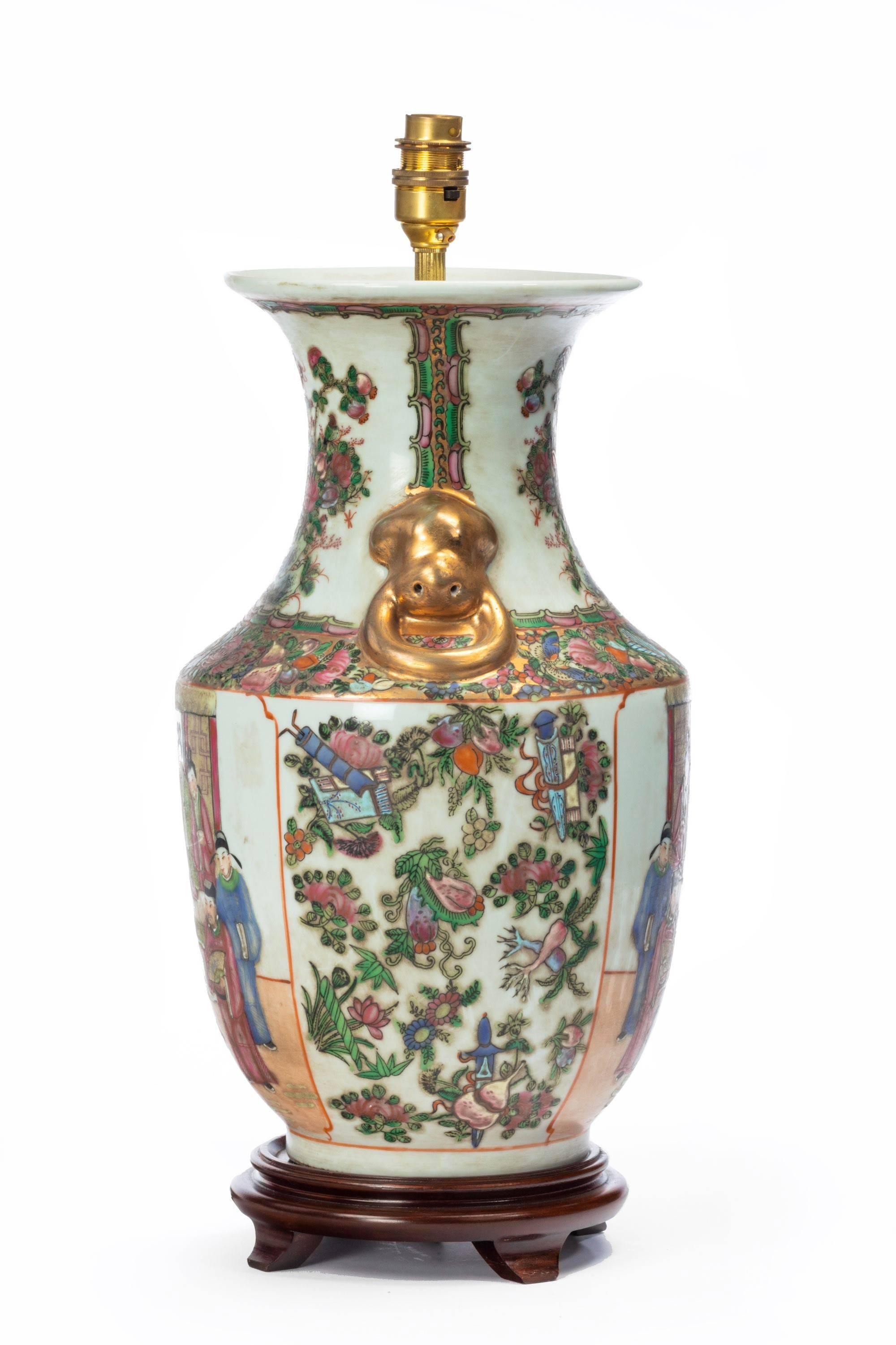Cantonese, Porcelain Lamp with Elaborate Gilding and Decoration In Good Condition In Peterborough, Northamptonshire