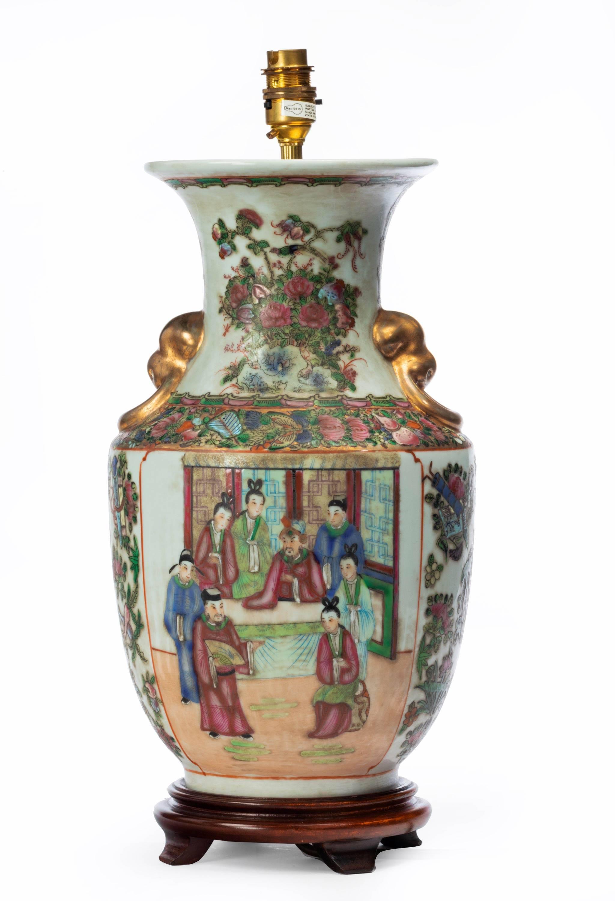 Mid-19th Century Cantonese, Porcelain Lamp with Elaborate Gilding and Decoration