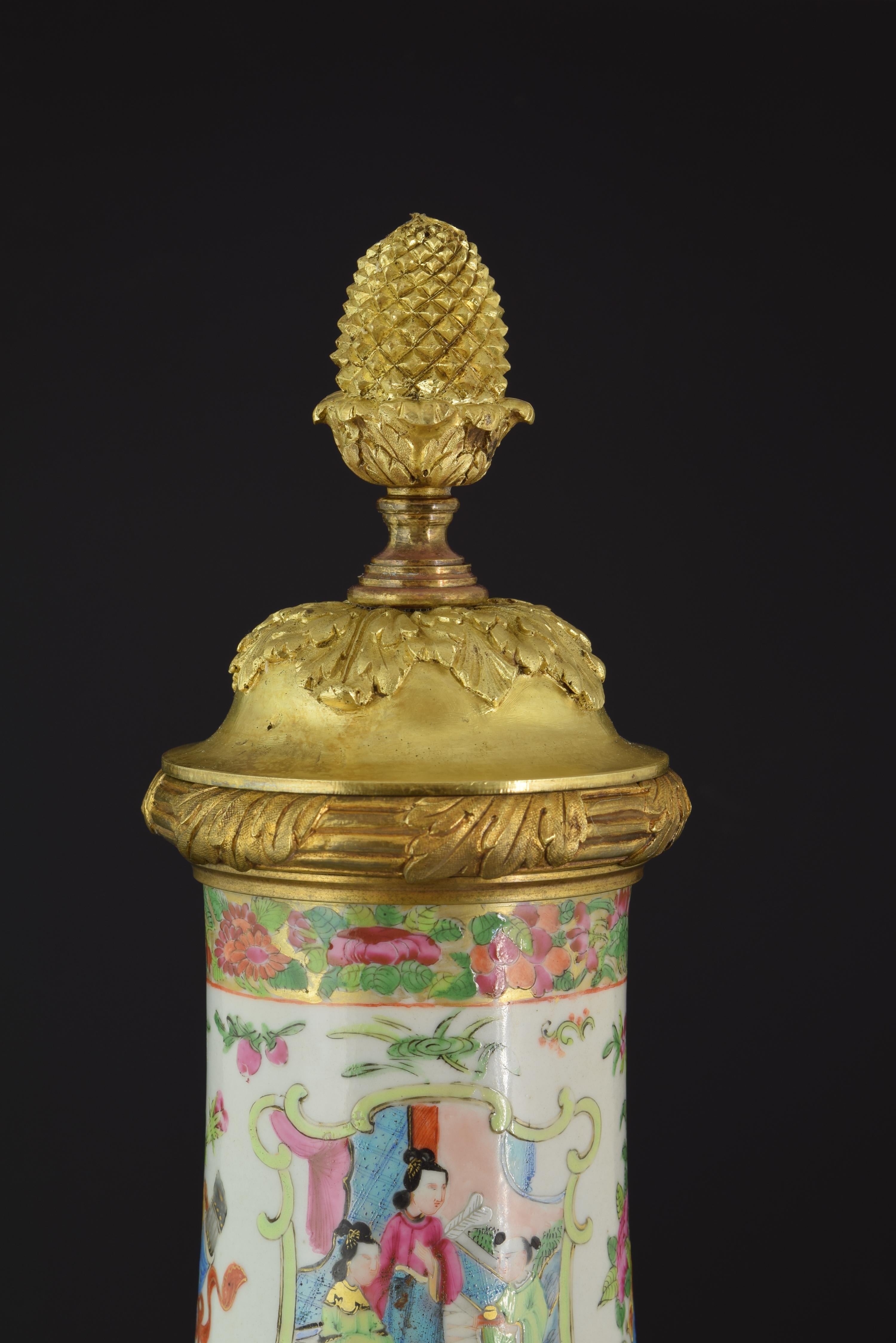 Asian Cantonese Vase, Porcelain, Bronze, China, 19th Century