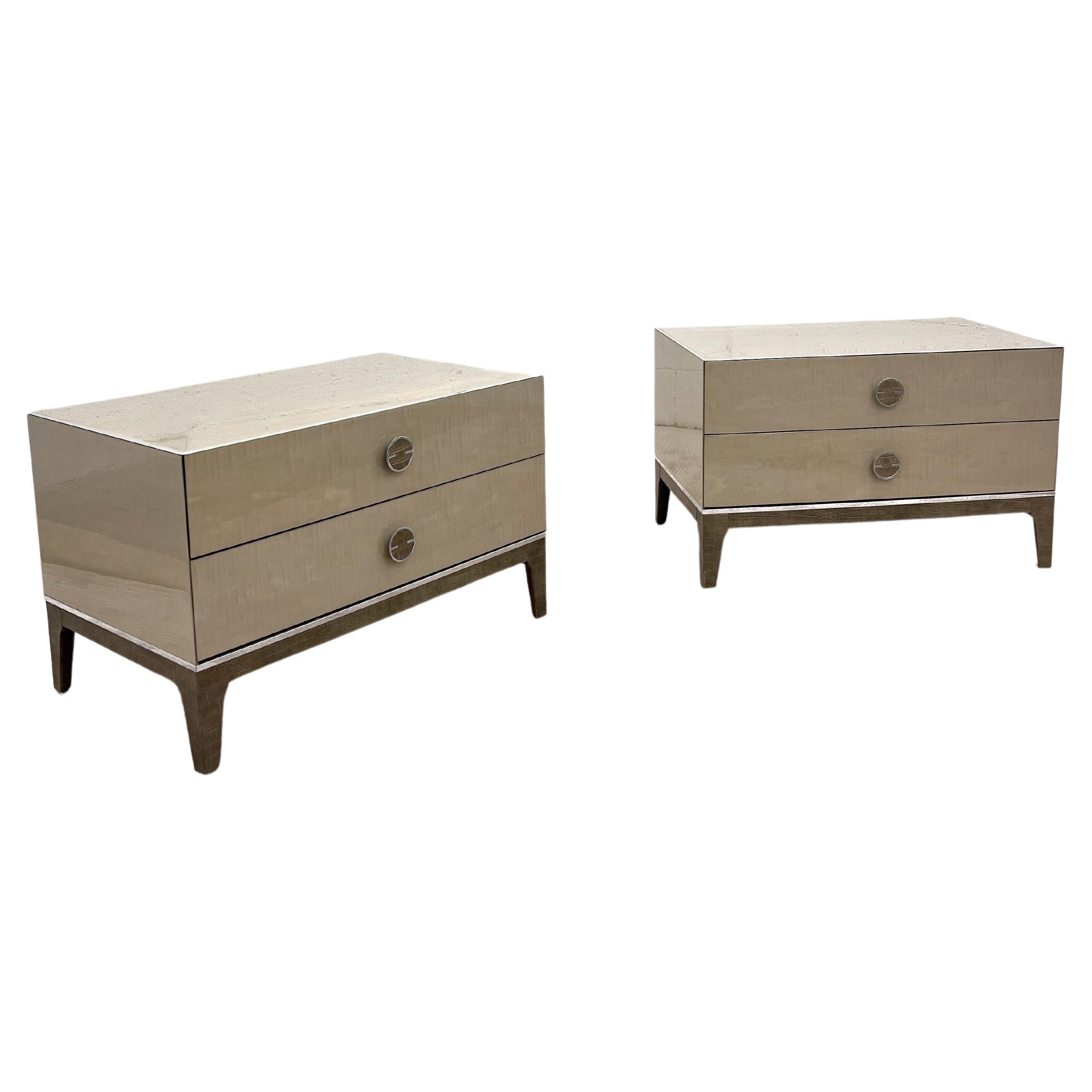 Cantoni Taupe, leather, and chrome contemporary Italian minimalistic nightstands For Sale
