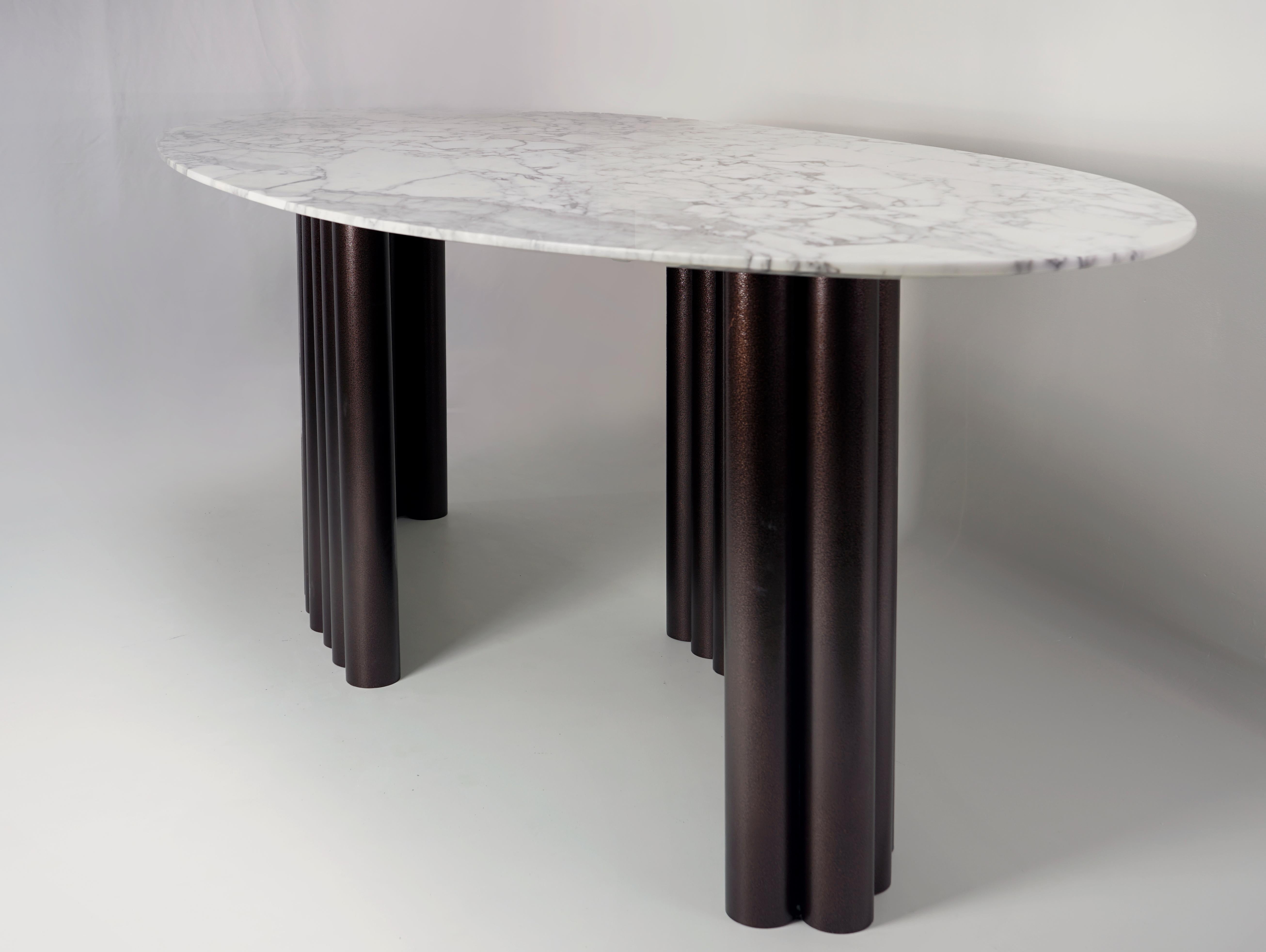 Cantus  - Sculptural Arabescato Marble Dining Table with Bronze Organ Pipe Base For Sale 3