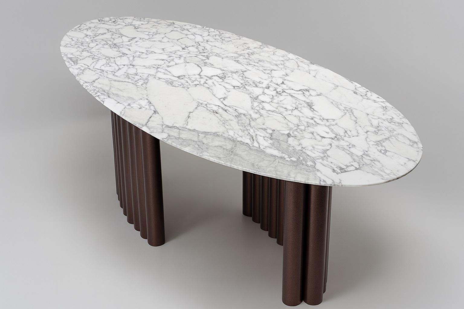 Hand-Crafted Cantus  - Sculptural Arabescato Marble Dining Table with Bronze Organ Pipe Base For Sale