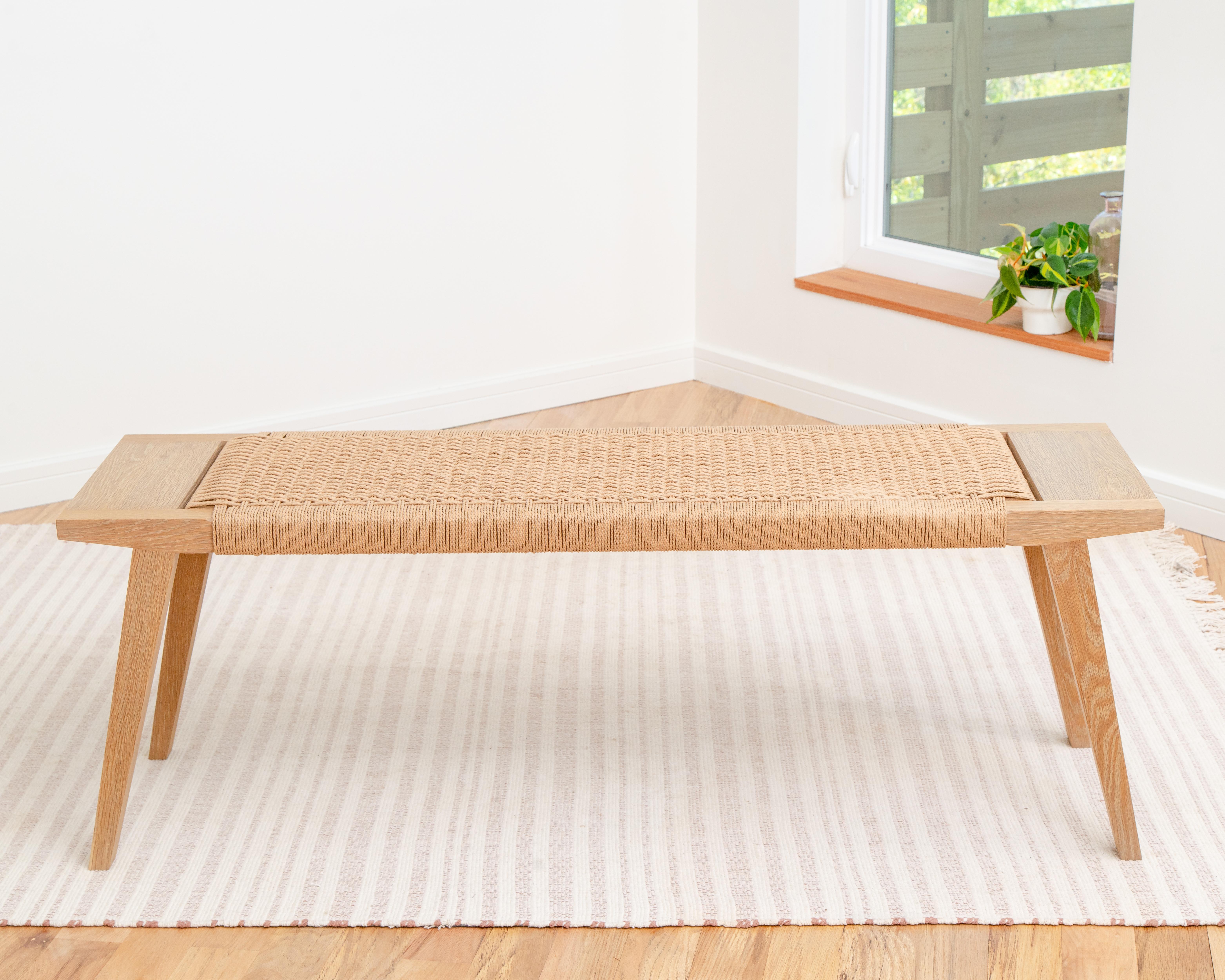 Canva Bench, White Oak with Handwoven Danish Cord, Occasional Bench In New Condition For Sale In Chattanooga, TN