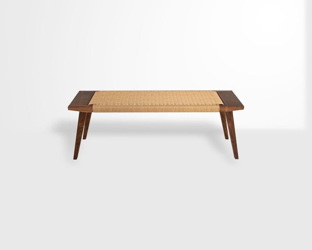 Contemporary Canva Bench, Walnut with Handwoven Black Danish Cord, Occasional Bench For Sale