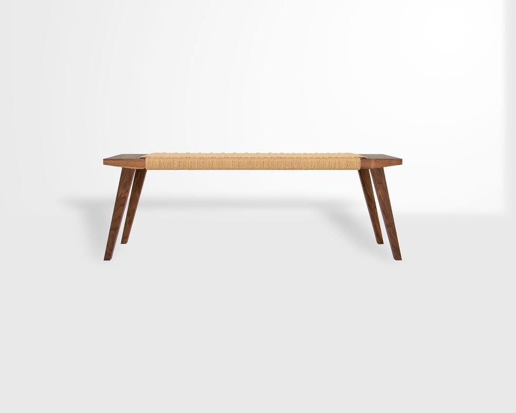 Hand-Crafted Canva Bench, Walnut with Handwoven Natural Danish Cord, Occasional Bench For Sale