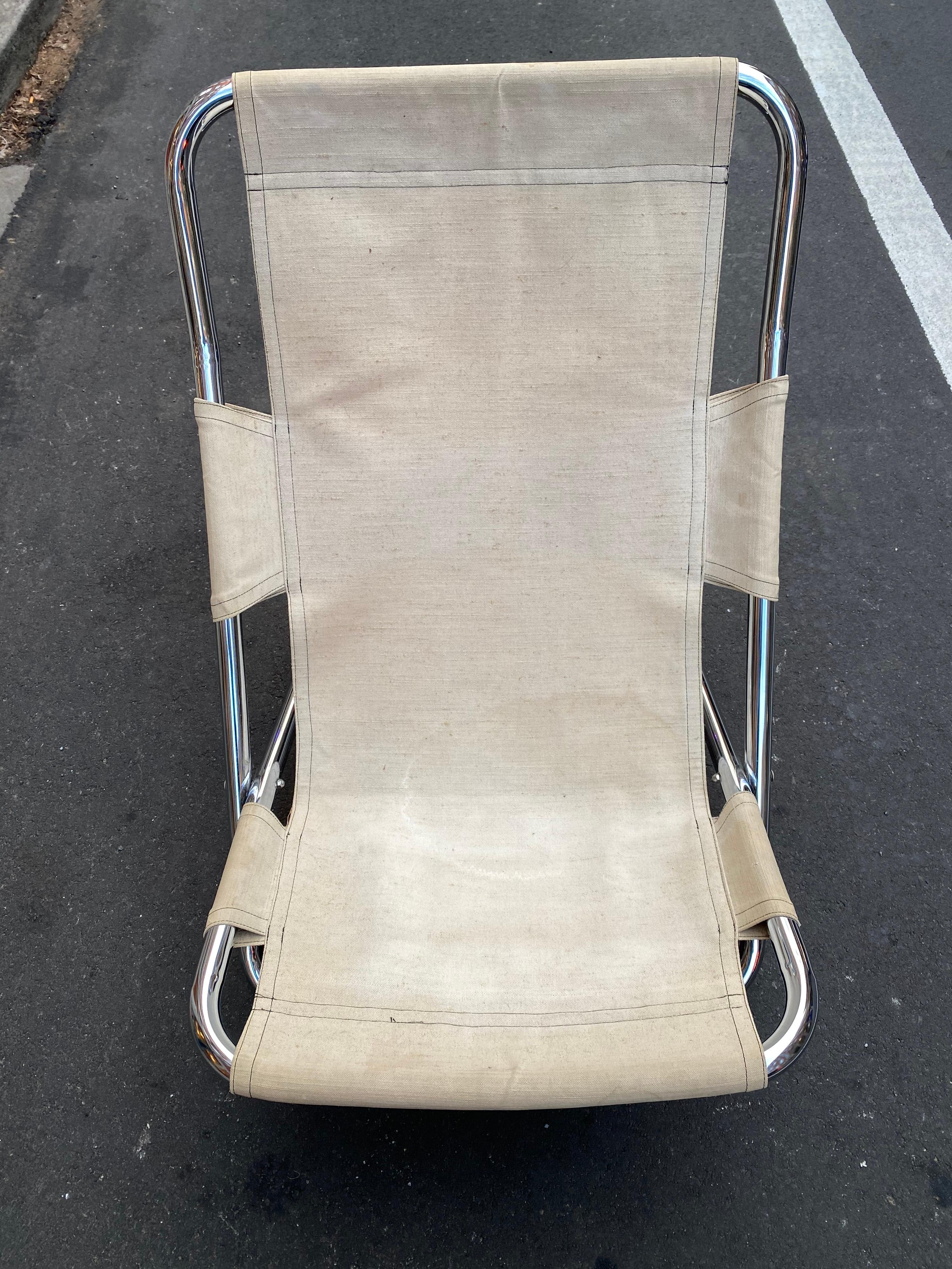 Mid-Century Modern Canvas and Chrome Folding Lounge Chair