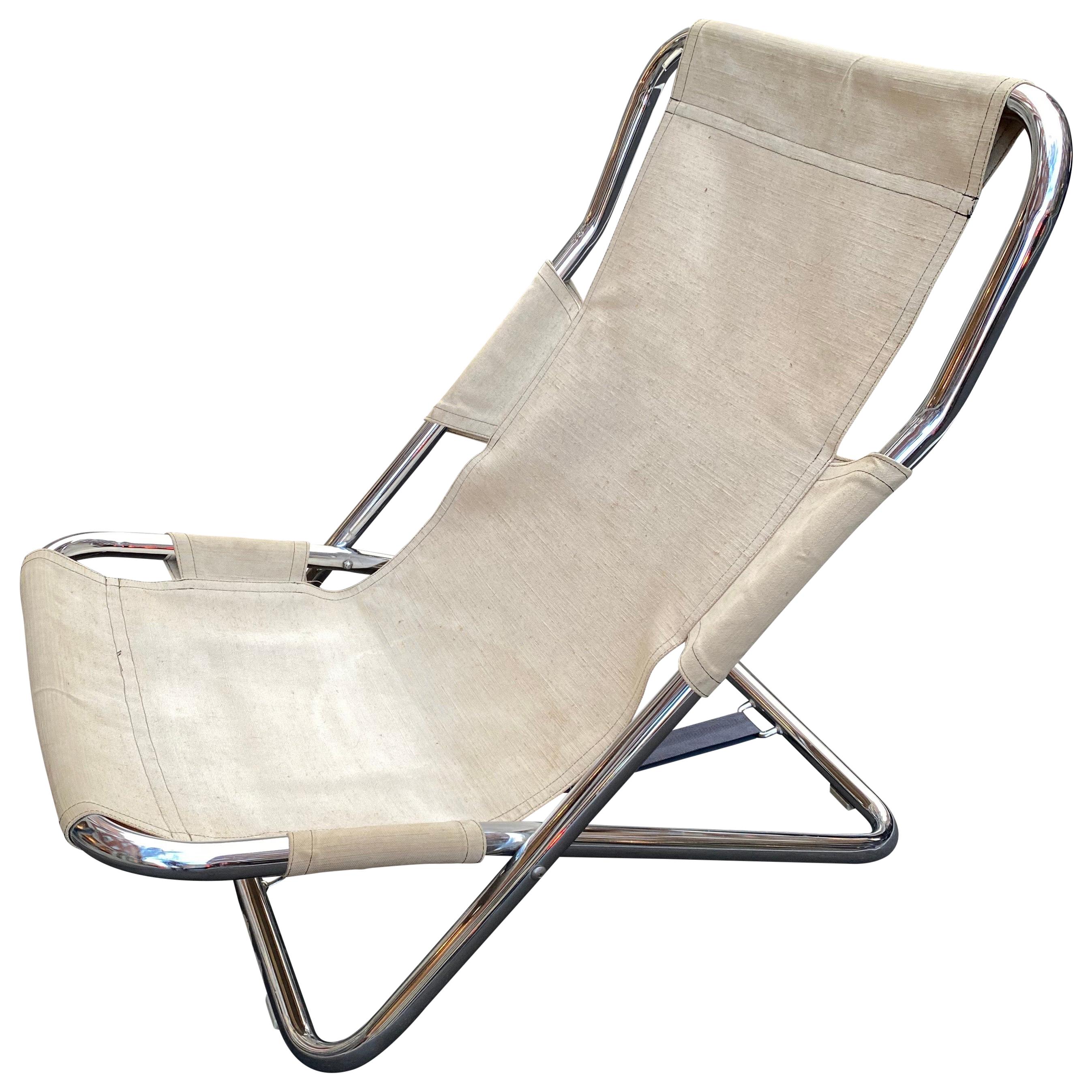 Canvas and Chrome Folding Lounge Chair