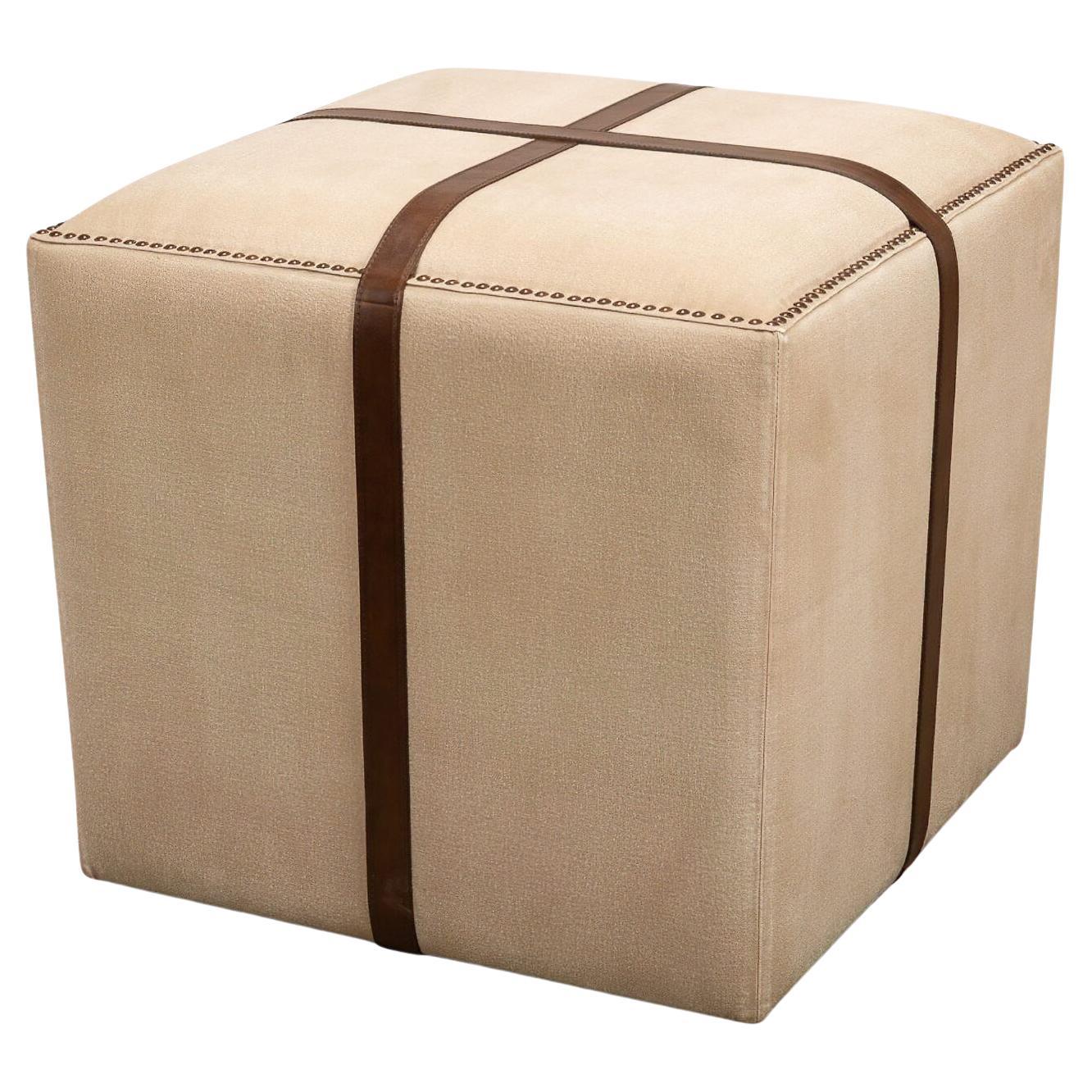Canvas and Leather Strap Ottoman For Sale