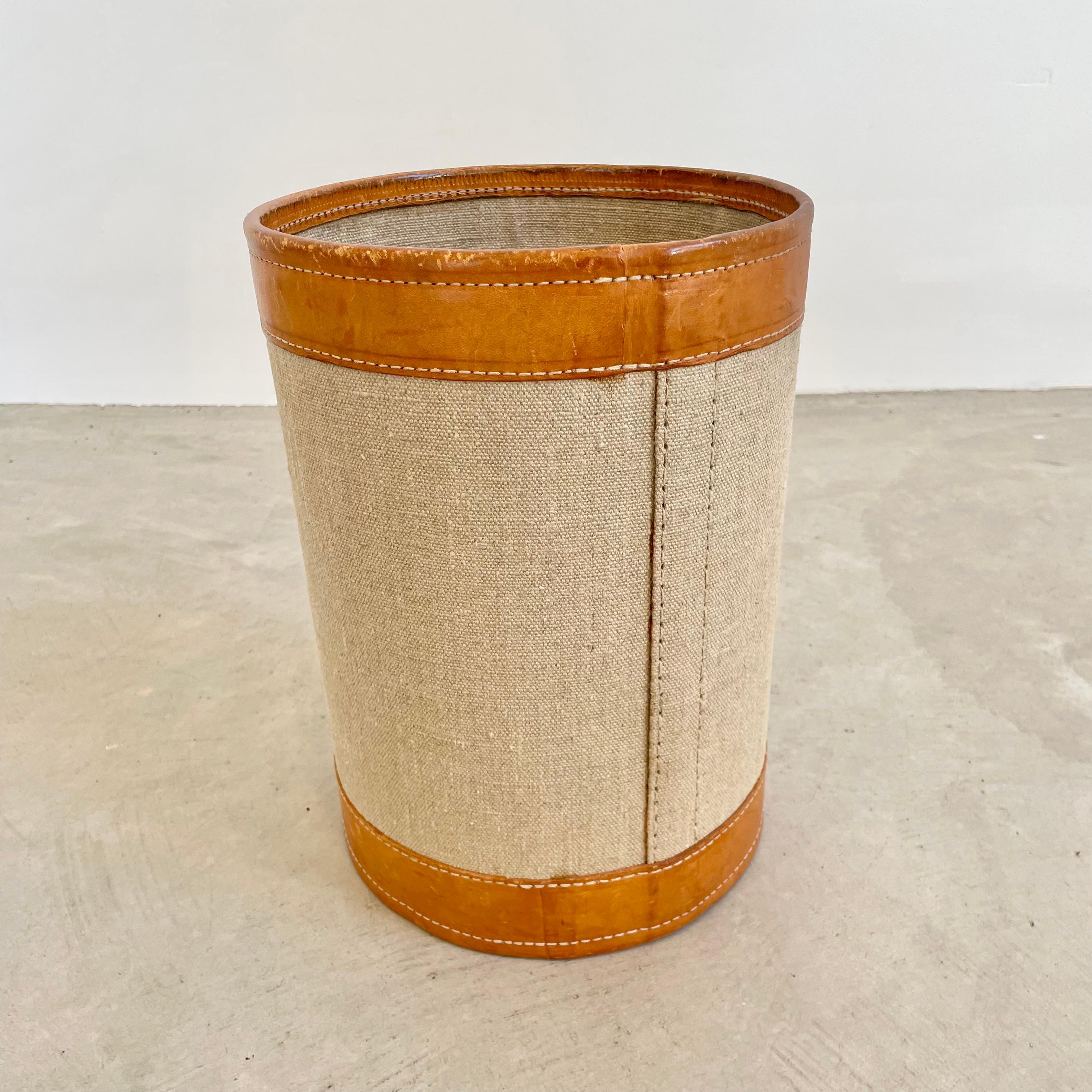 French Canvas and Leather Waste Basket, 1960s France