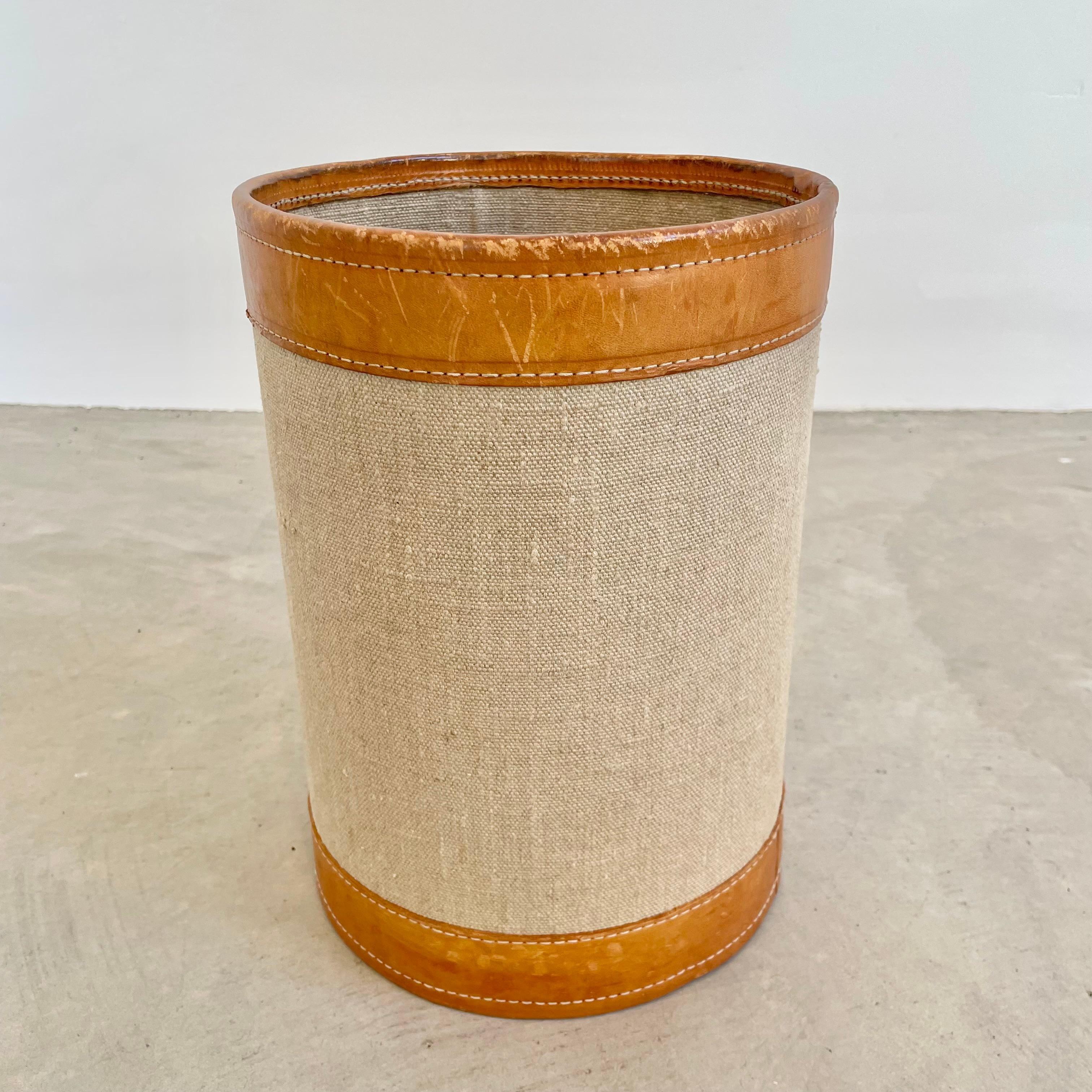 Canvas and Leather Waste Basket, 1960s France In Good Condition In Los Angeles, CA