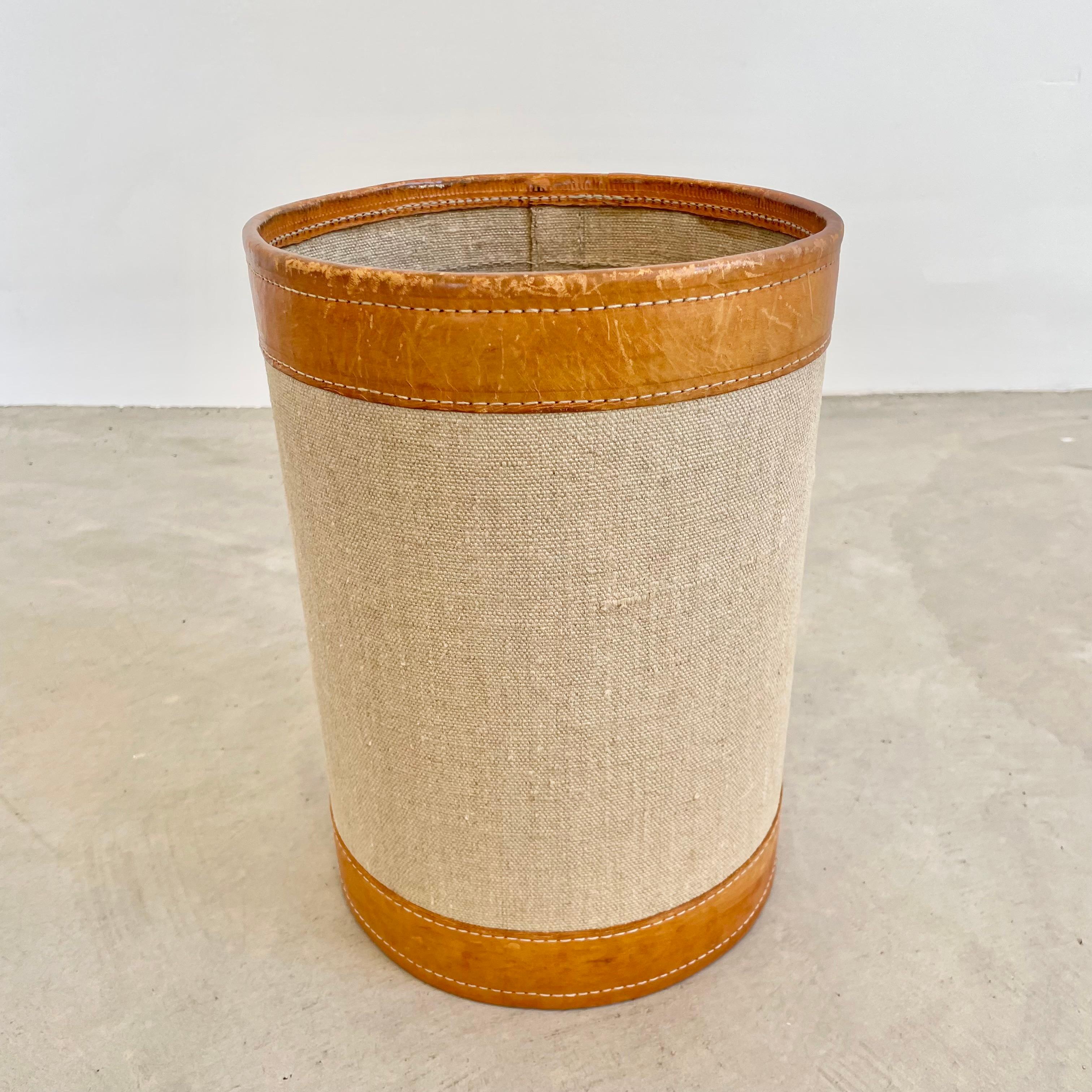 Mid-20th Century Canvas and Leather Waste Basket, 1960s France