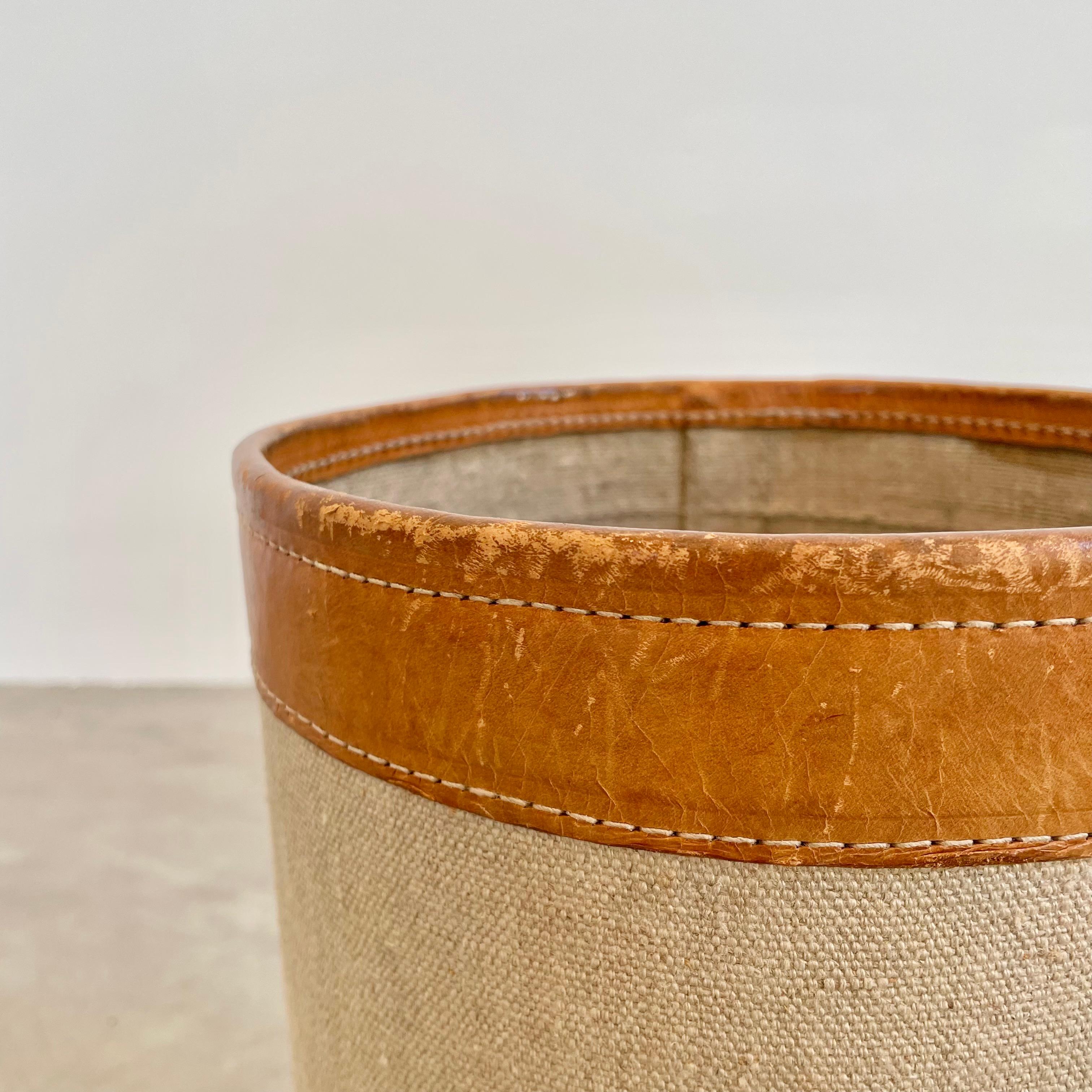 Canvas and Leather Waste Basket, 1960s France 1
