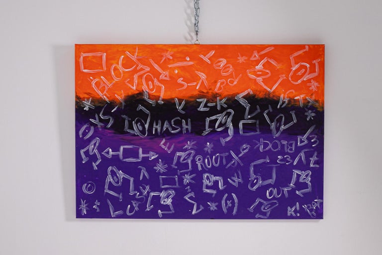 The painting is created by Italian artist Bomberbax in 2021. The painting the artist created is a sequence of Bits with special relevance to the artificial world. The deliberately inserted inscription HASH which is a mathematical function that