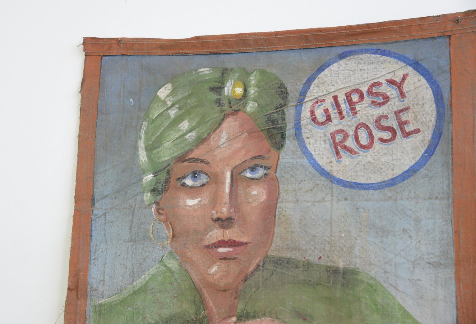Canvas circus banner fortune teller circa 1950s

- Hand painted on heavy canvas
- English ~ 1950s
- Measures: 77cm x 88cm 

Condition report

Some age marks and 1 small hole to the left of her turban.
  