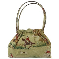 Canvas & Leather Handbag With Equestrian Fox Hunt Motif