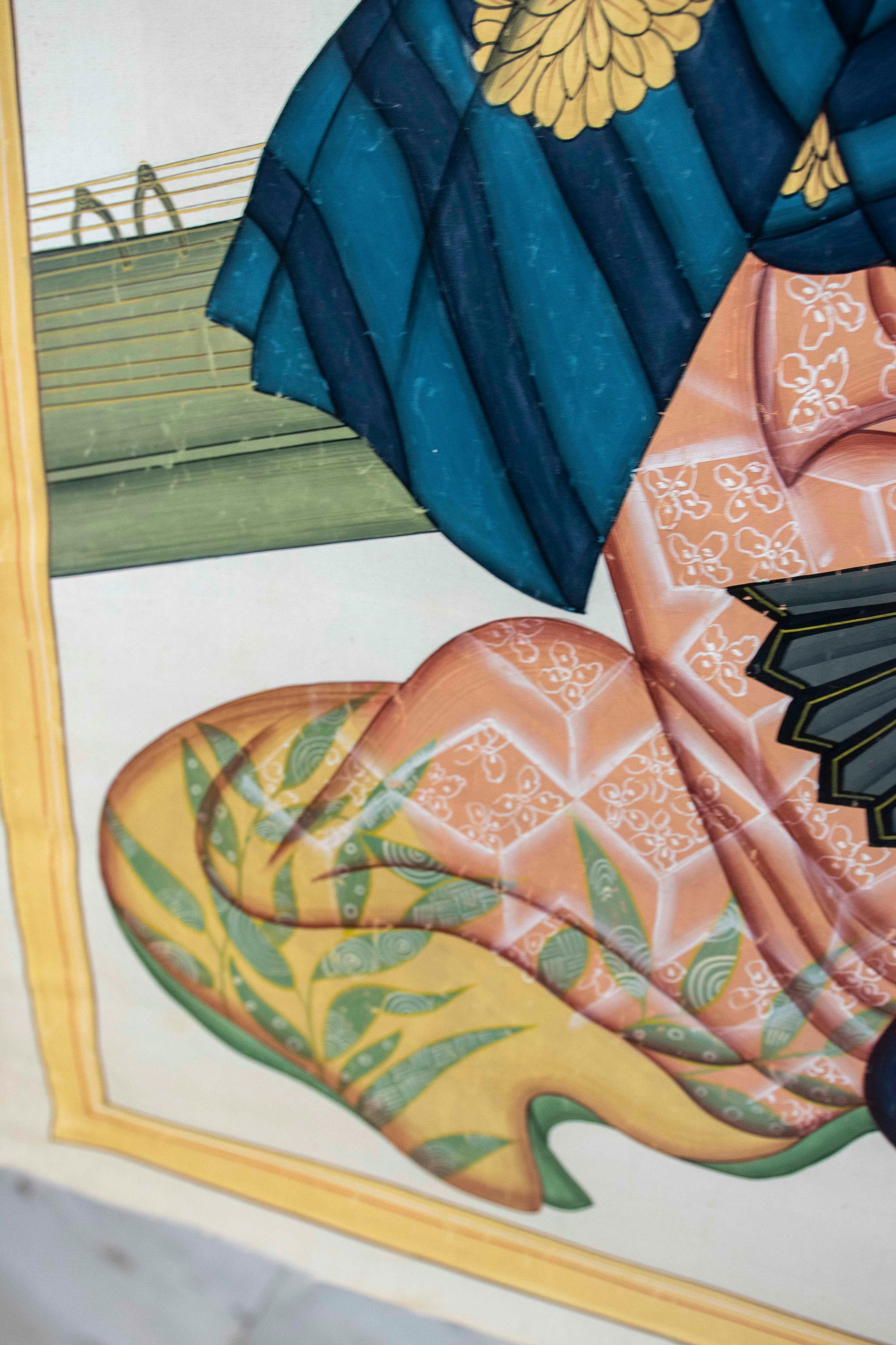 Peinture sur toile d'un personnage japonais avec une robe et un instrument musical en vente 3