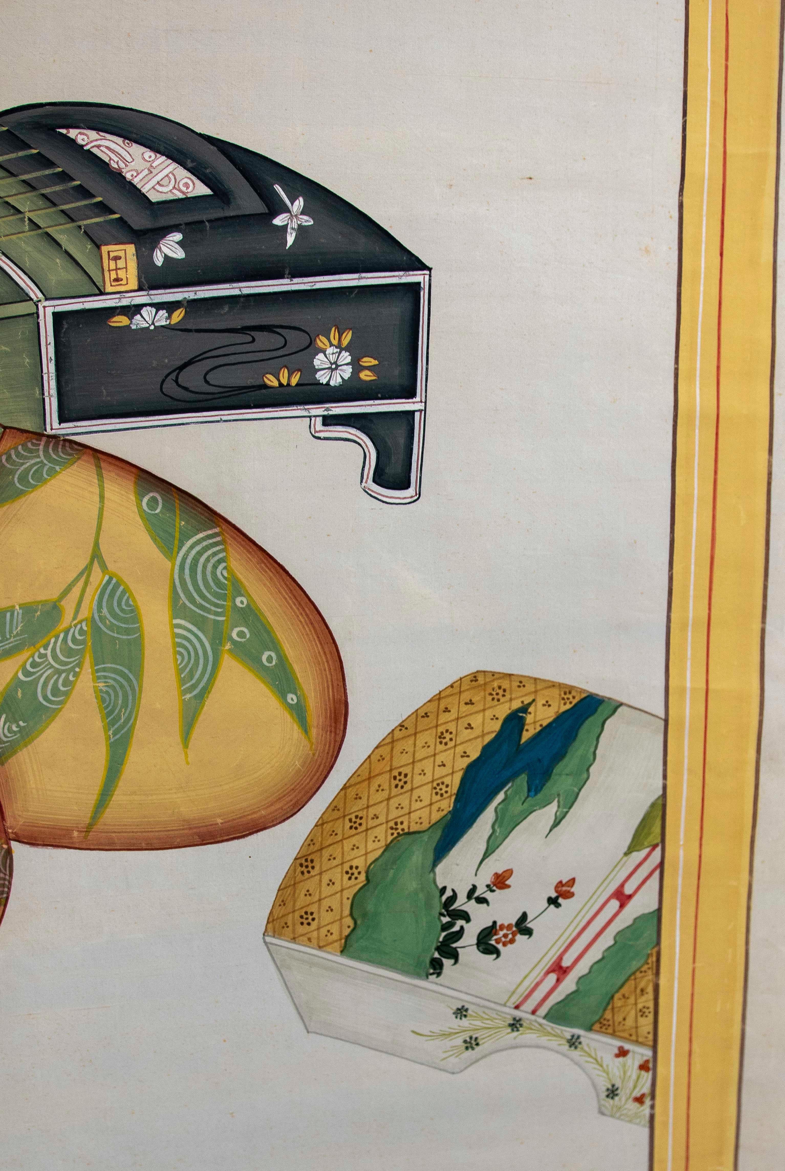 Peinture sur toile d'un personnage japonais avec une robe et un instrument musical en vente 6