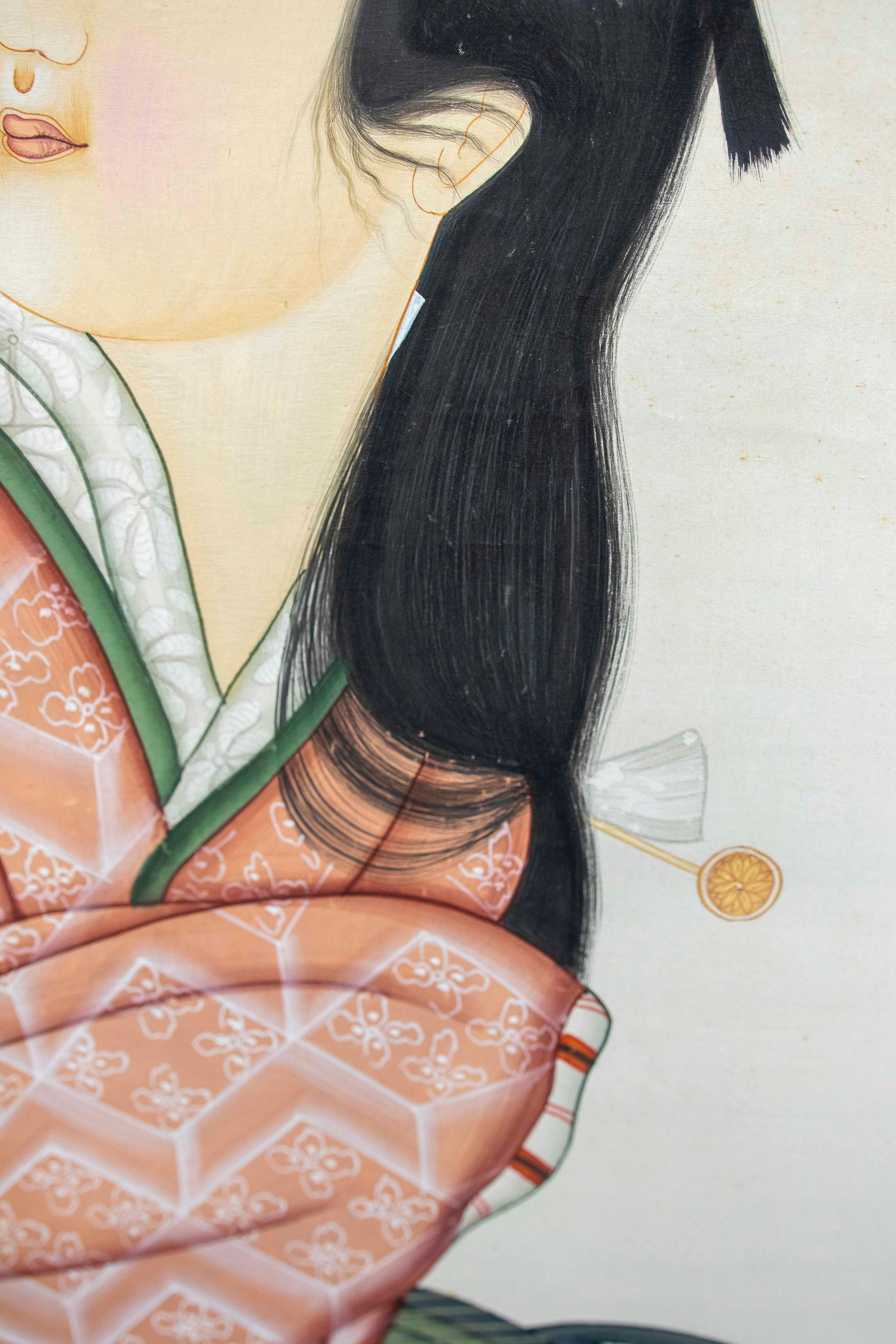 Peinture sur toile d'un personnage japonais avec une robe et un instrument musical en vente 8