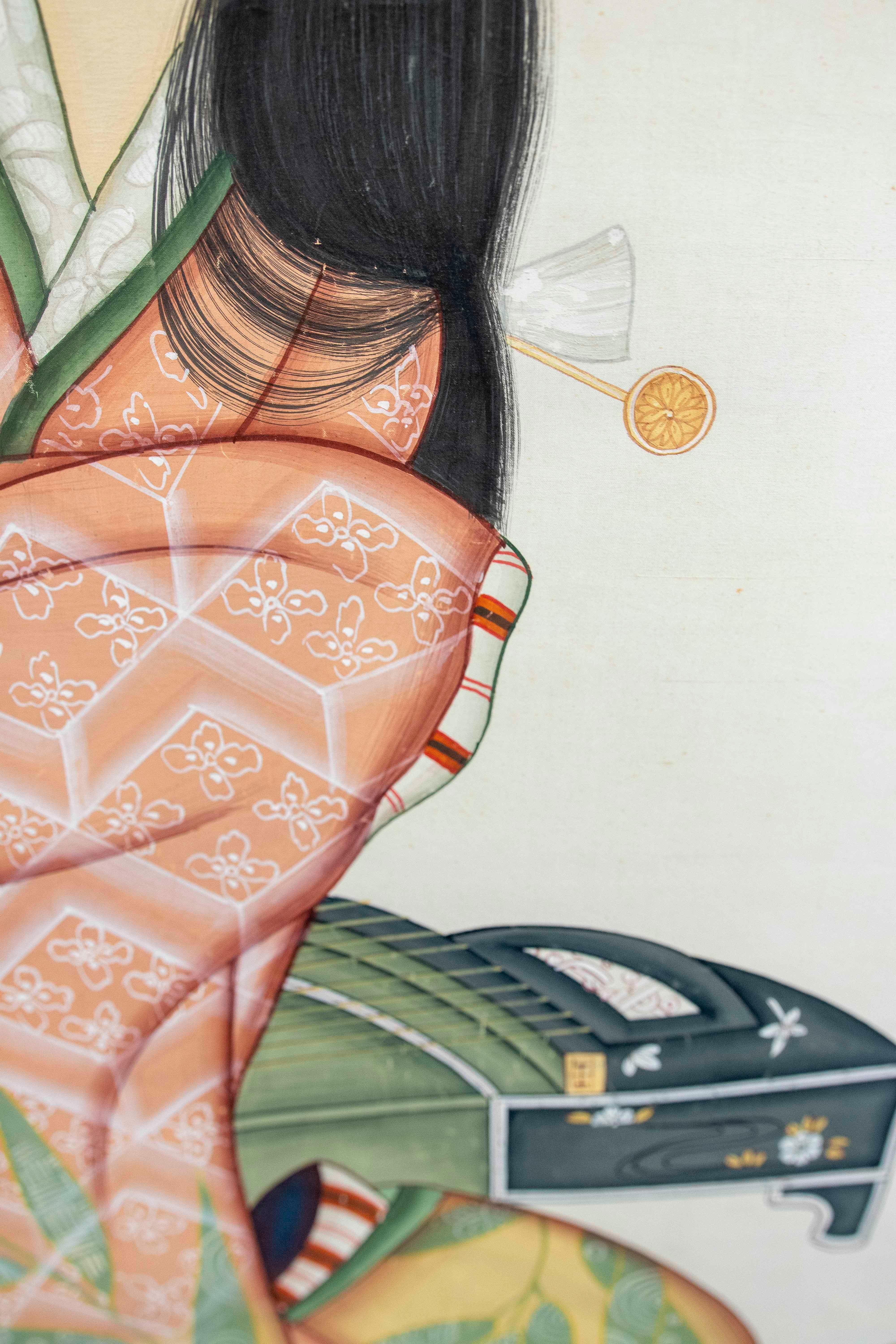 Peinture sur toile d'un personnage japonais avec une robe et un instrument musical 