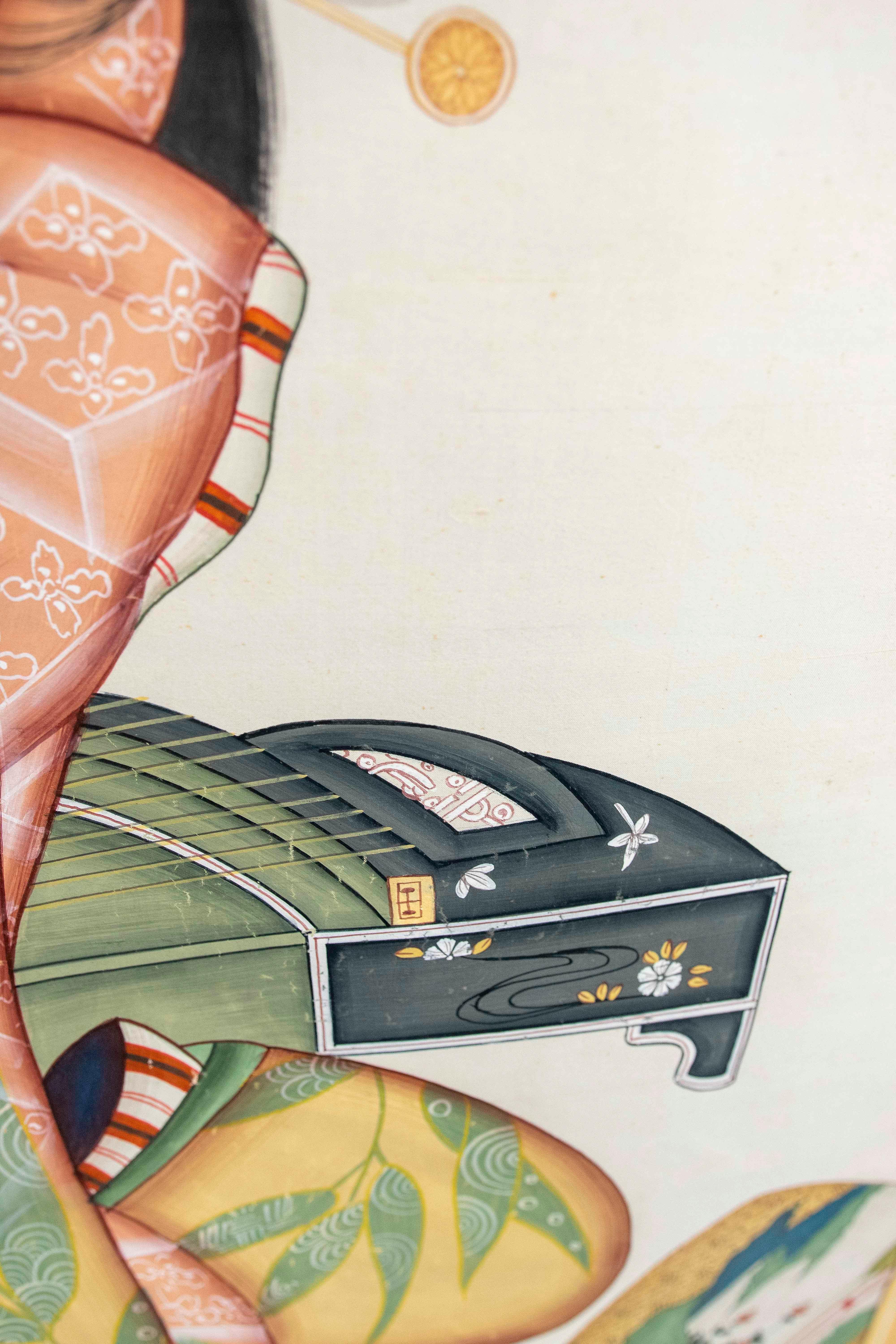 Asiatique Peinture sur toile d'un personnage japonais avec une robe et un instrument musical en vente