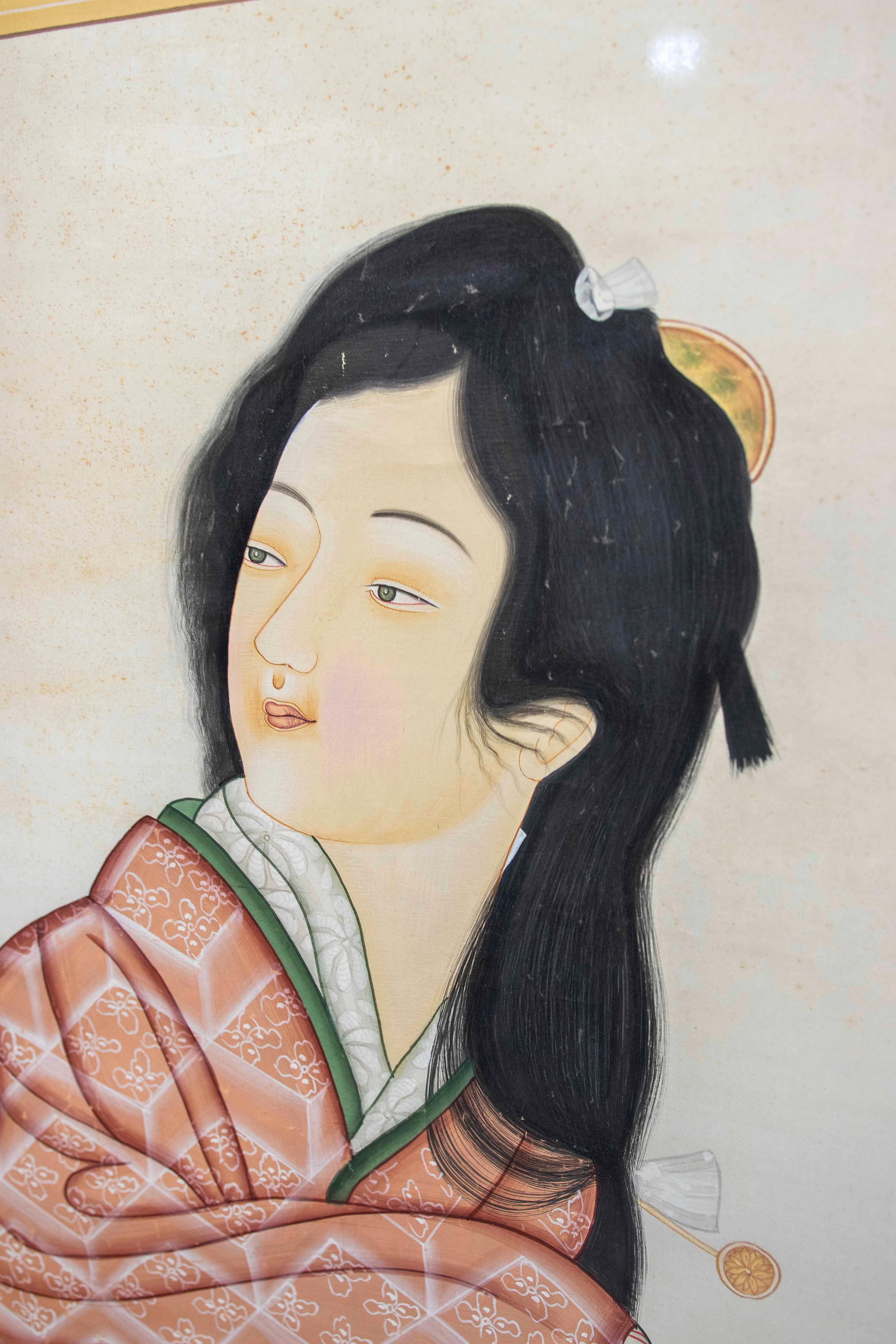 Peint à la main Peinture sur toile d'un personnage japonais avec une robe et un instrument musical en vente
