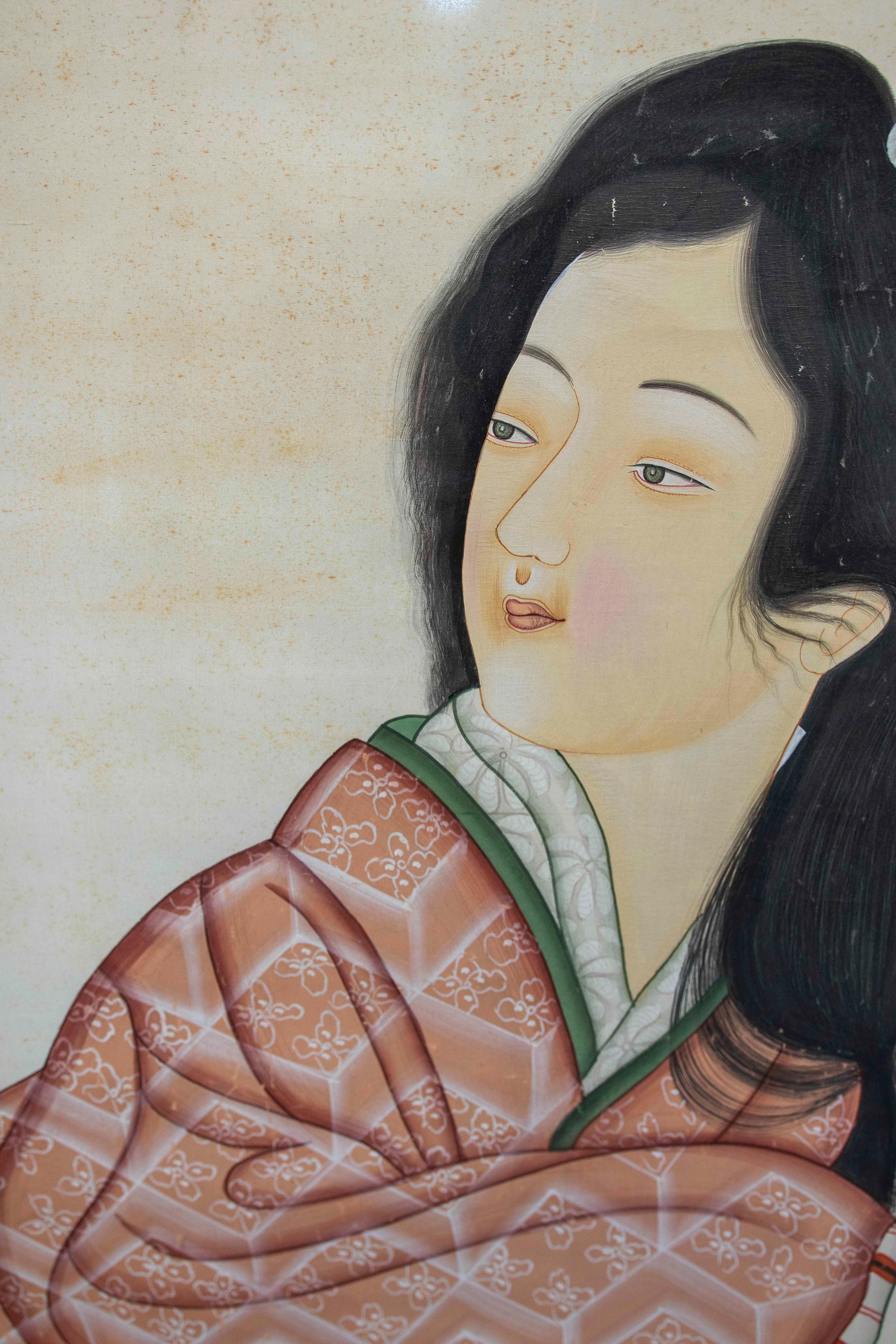 Peinture sur toile d'un personnage japonais avec une robe et un instrument musical Bon état - En vente à Marbella, ES