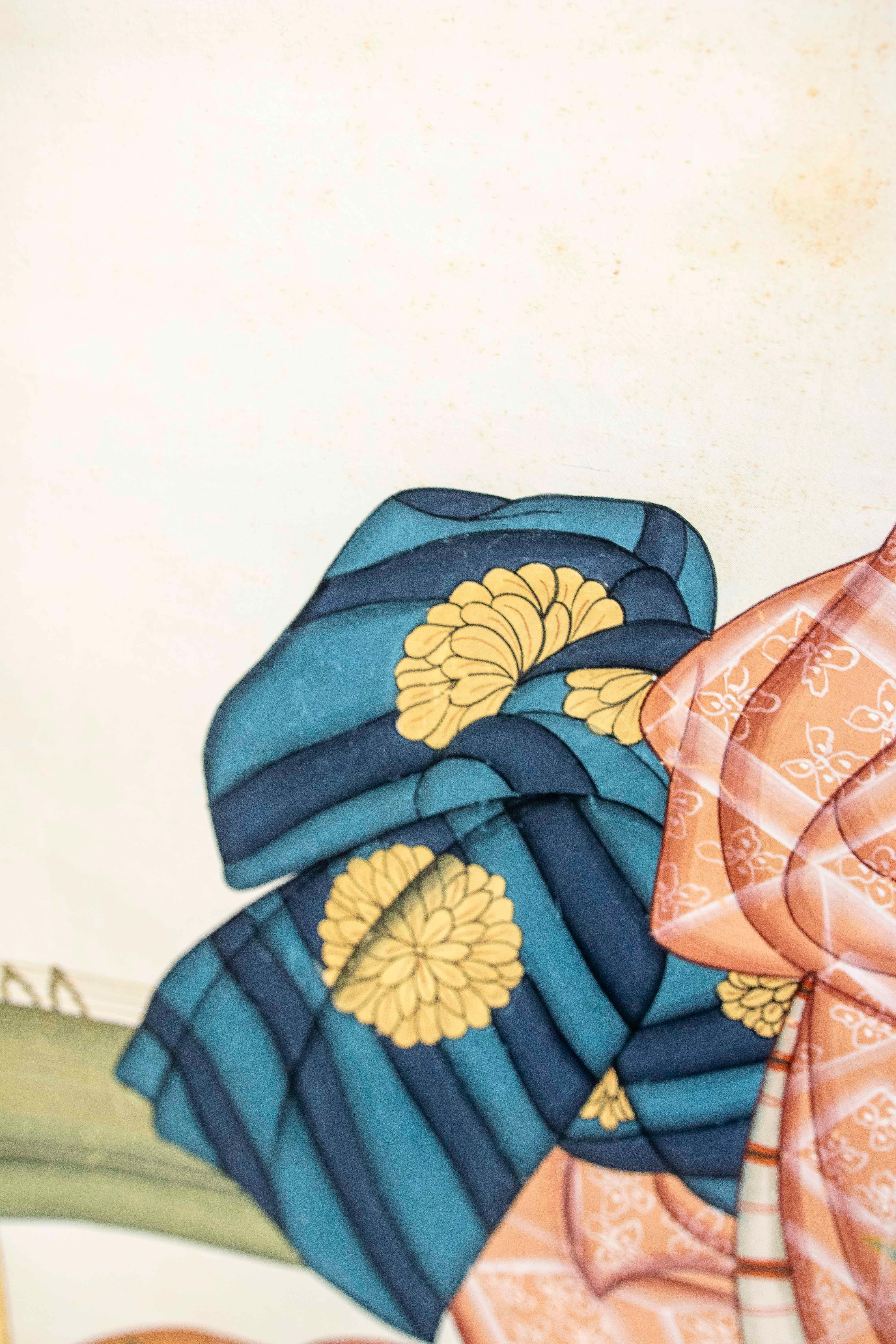 Tissu Peinture sur toile d'un personnage japonais avec une robe et un instrument musical en vente