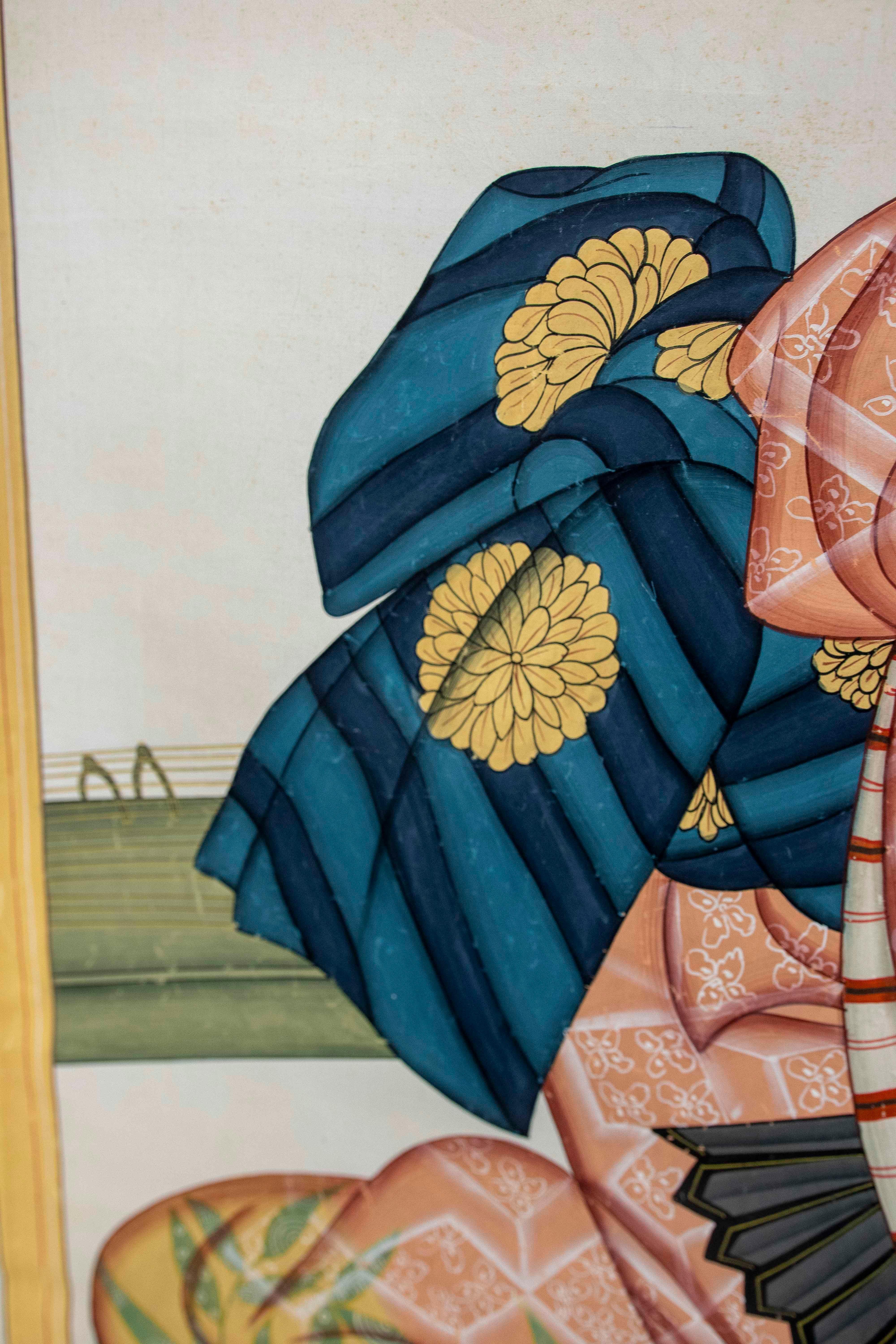 Peinture sur toile d'un personnage japonais avec une robe et un instrument musical en vente 2