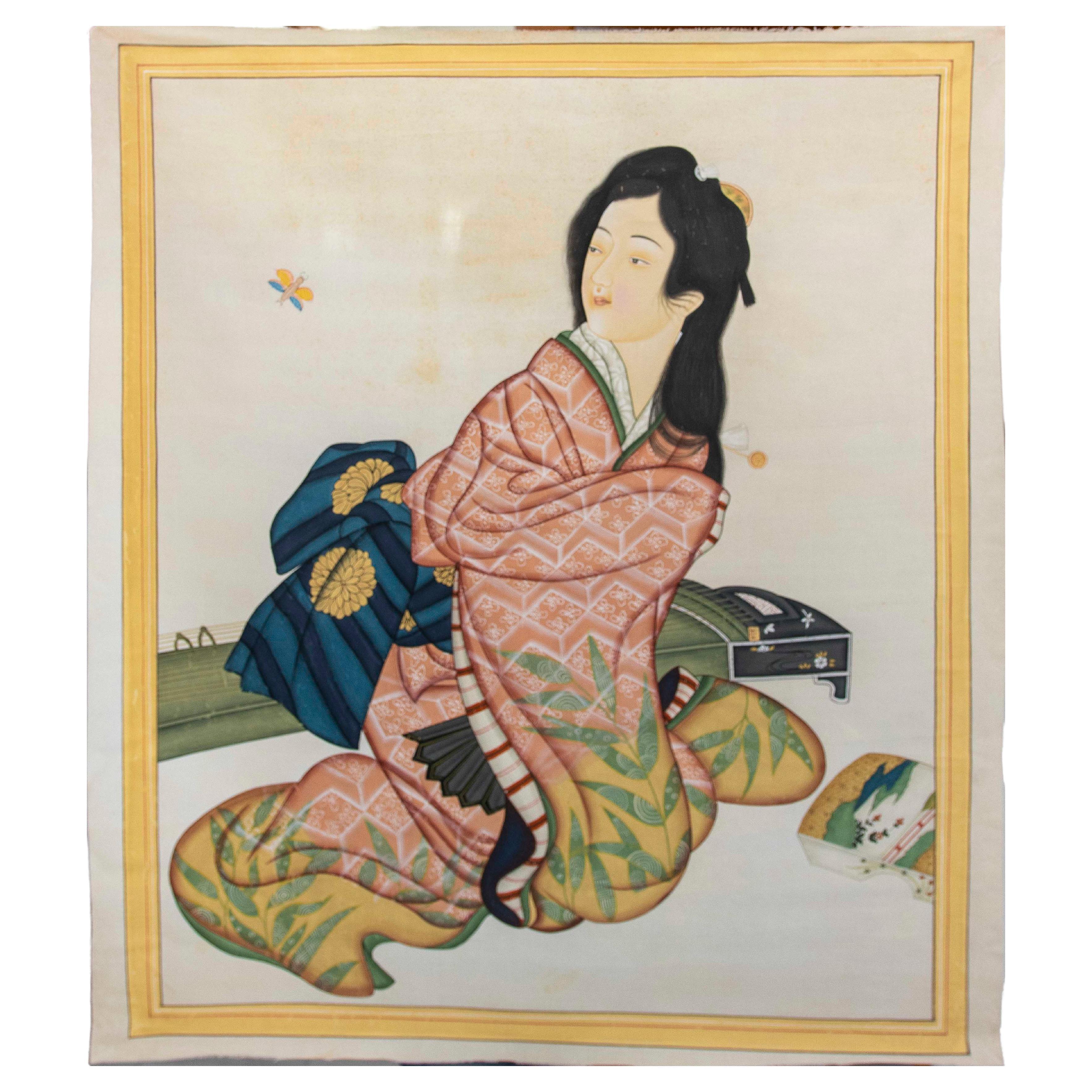 Canvas Painting of Japanese Character with Dress and Musical Instrument