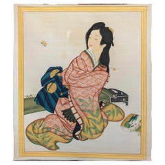 Canvas Painting of Japanese Character with Dress and Musical Instrument