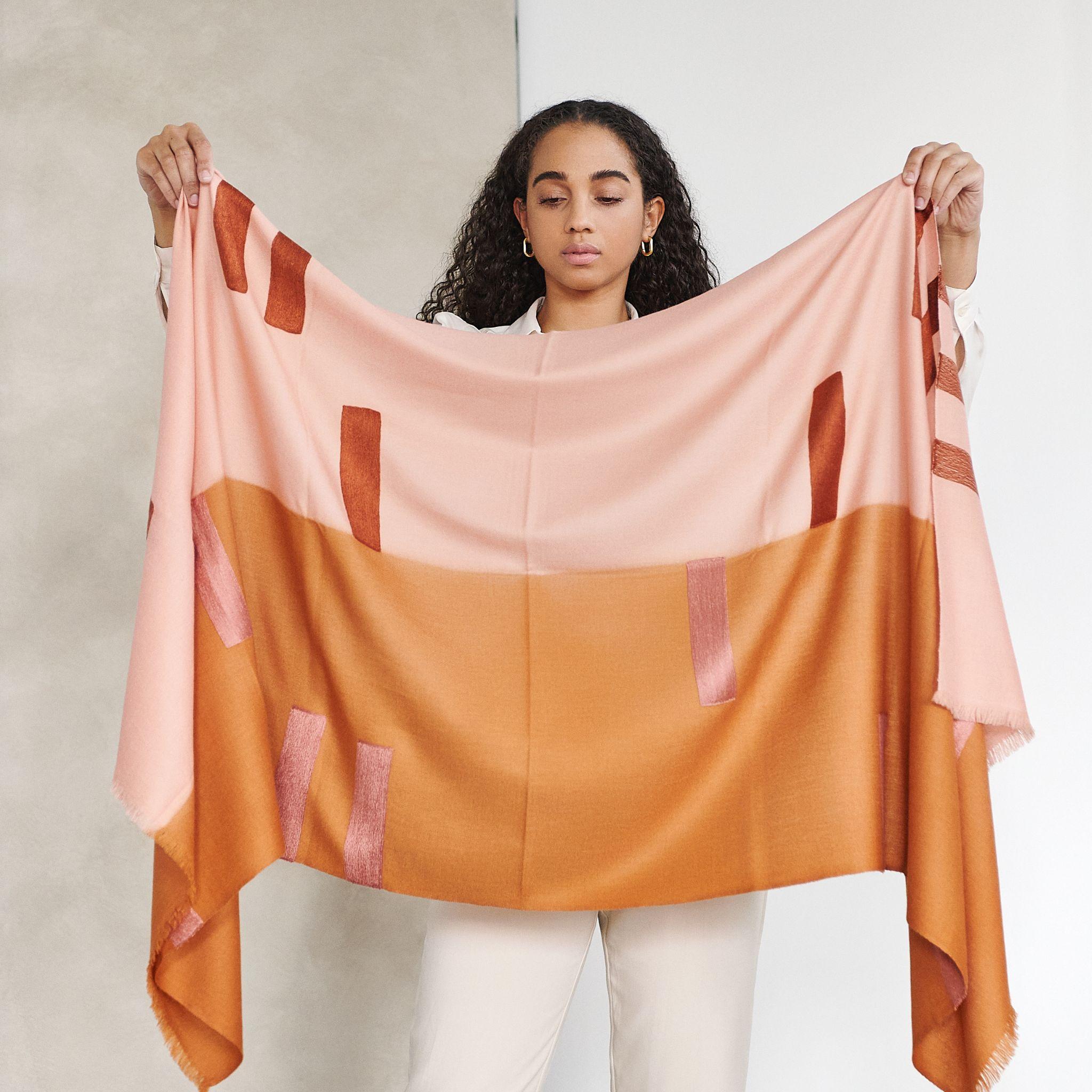Orange Canyon Hand Embroidered Hand Woven Modern Artisanal Scarf For Sale