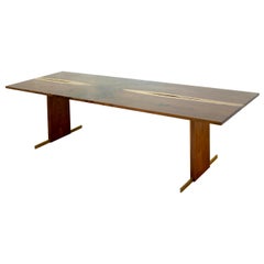 Canyon Dining Table in Live Edge Walnut and Brass Inlay with Trestle Base