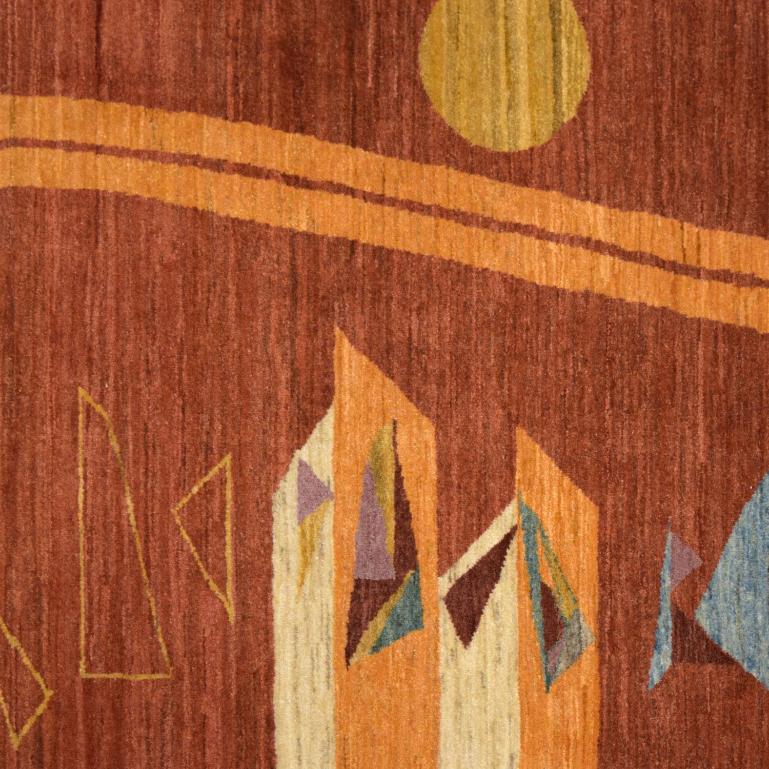 Multicolored shapes drift slowly down upon the luscious red background of this abstract, hand-knotted wool carpet. Those elements, perched next to the golden sun and horizon, evoke a feeling of movement. Besides the motifs within the carpet, the