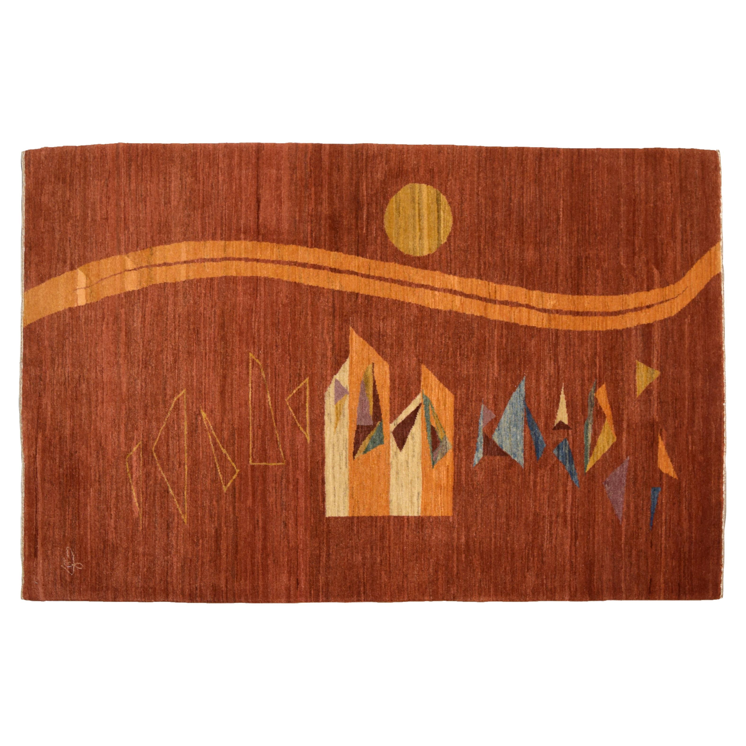 Alfombra persa moderna de lana roja de mediados de siglo, Orley Shabahang, 4' x 6'