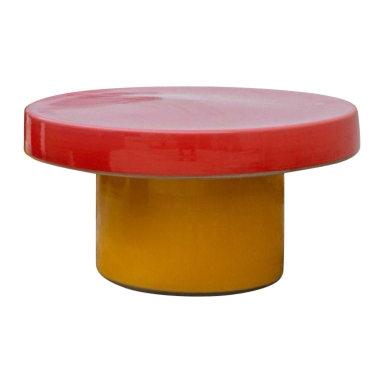 CAP Low Table with Red and Yellow Glazes by WL Ceramics For Sale