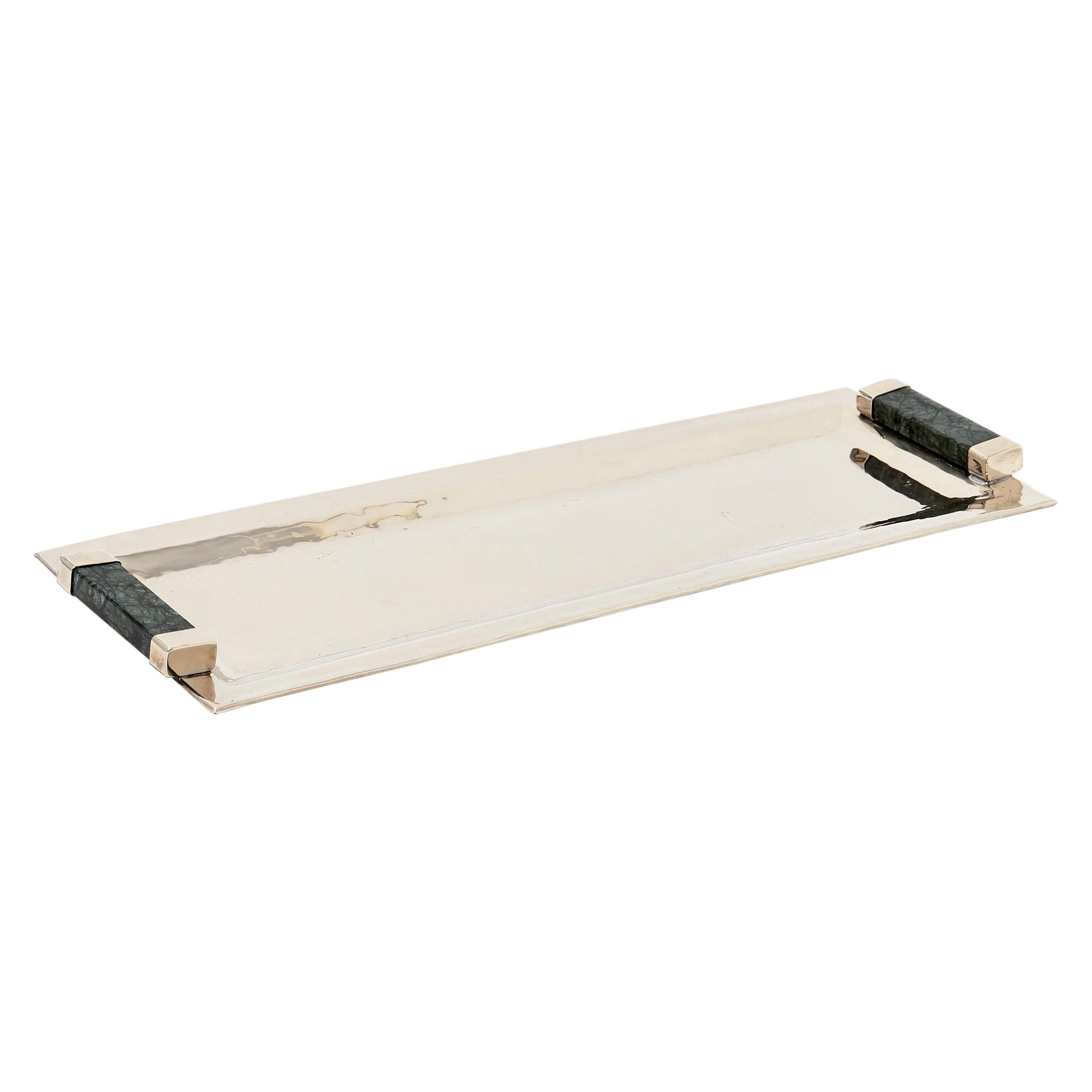 Capa Large Narrow Tray, Alpaca Silver & Green Marble For Sale