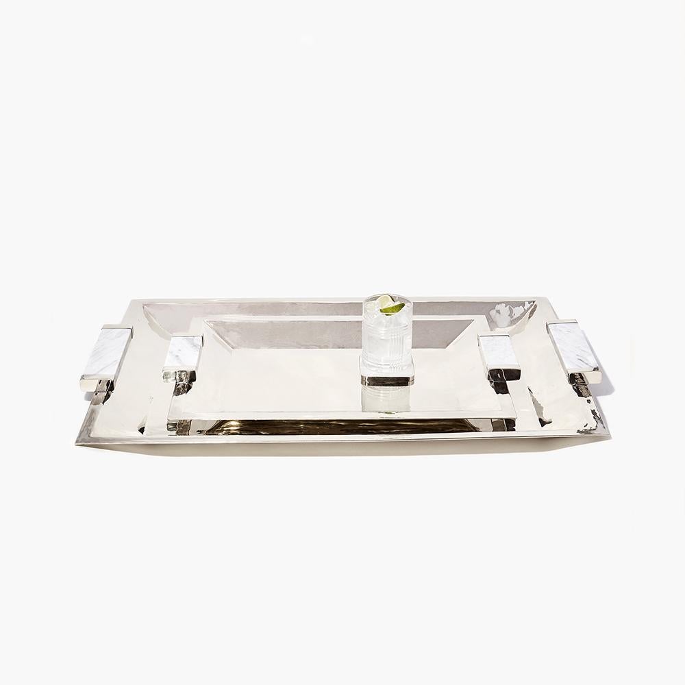 Modern CAPA Large Rectangular Tray, Alpaca Silver & Gray Marble  For Sale