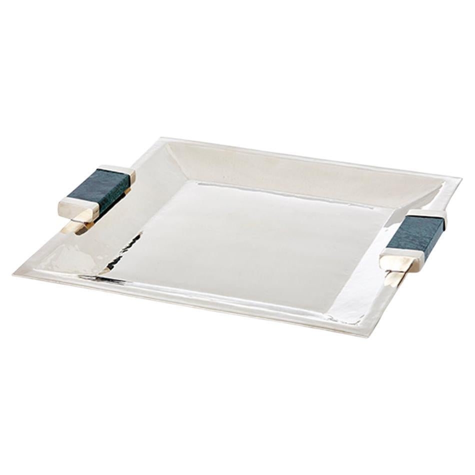 CAPA Large Square Tray, Alpaca Silver & Green Marble  For Sale