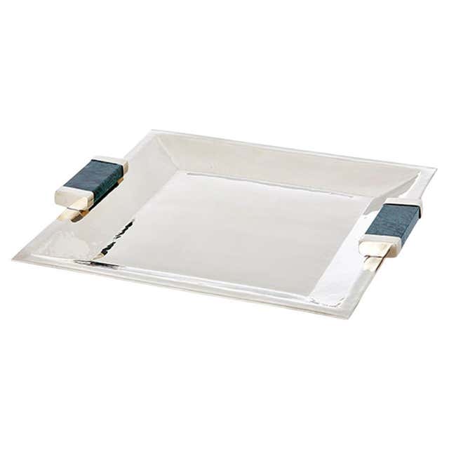 Large Indian Reclaimed Wood Square Tray with Silver Tin Trim at 1stDibs