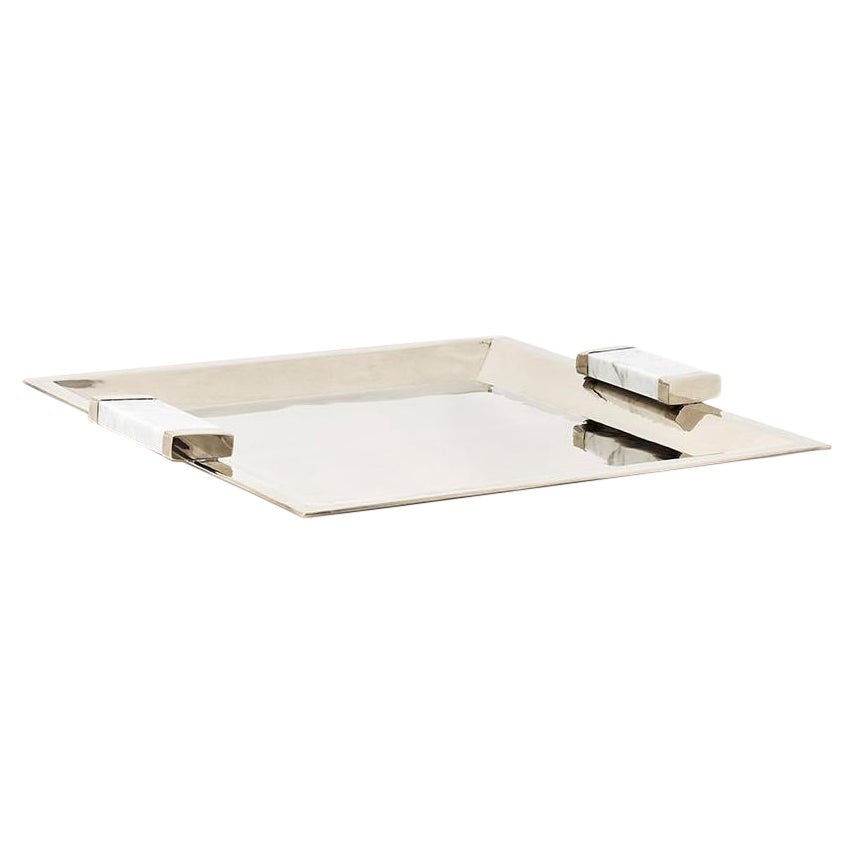 CAPA Medium Quadratisches Tablett, Alpaka Silber & grauer Marmor