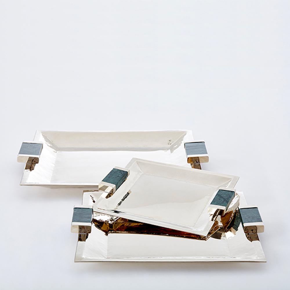 Modern Capa Medium Square Tray, Alpaca Silver & Green Marble For Sale