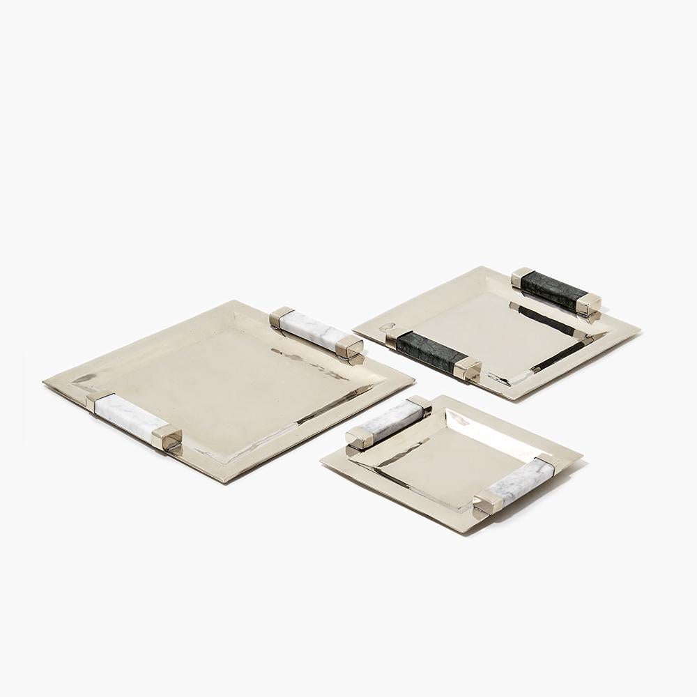 Modern Capa Mini Large Square Tray, Alpaca Silver & Gray Marble For Sale