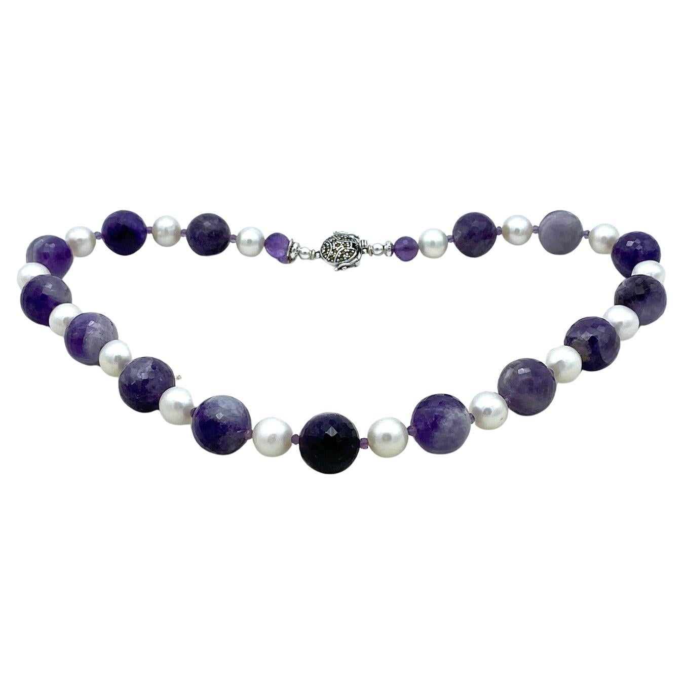 Cape Amethyst and Natural Pearl Necklace with Sterling Clasp