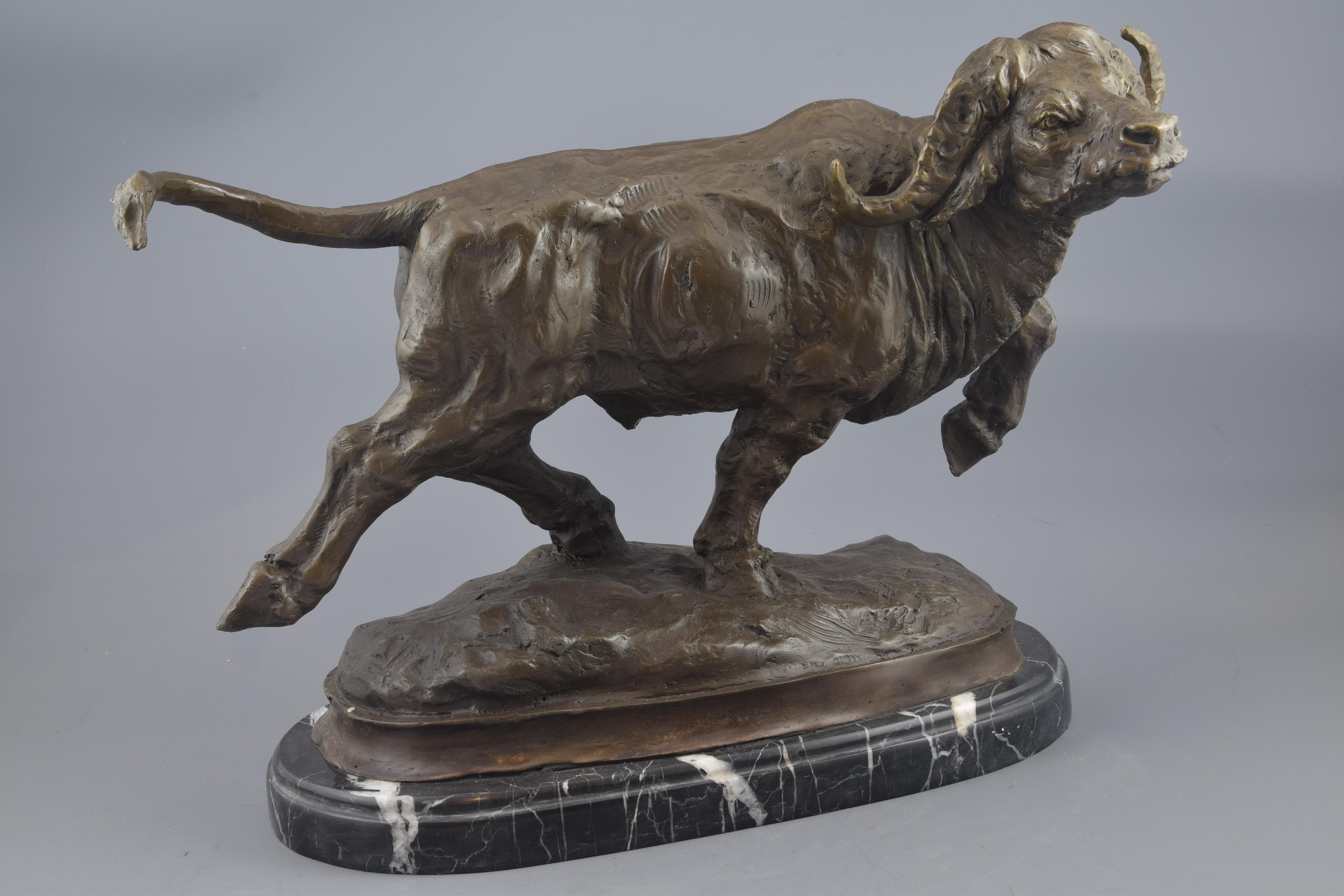 Bronze sculpture on a veined marble base showing an African buffalo, also called Cape buffalo or Kaffir, advancing rapidly. The movement, in addition to thanks to the animal's posture with its legs in the air and turning its head to one side, is